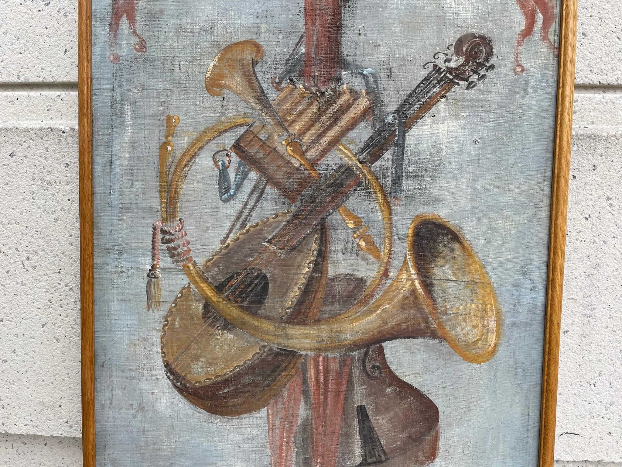 Painted 18th Century Italian Trompe L'Oeil Painting On Canvas Of Musical Instruments For Sale