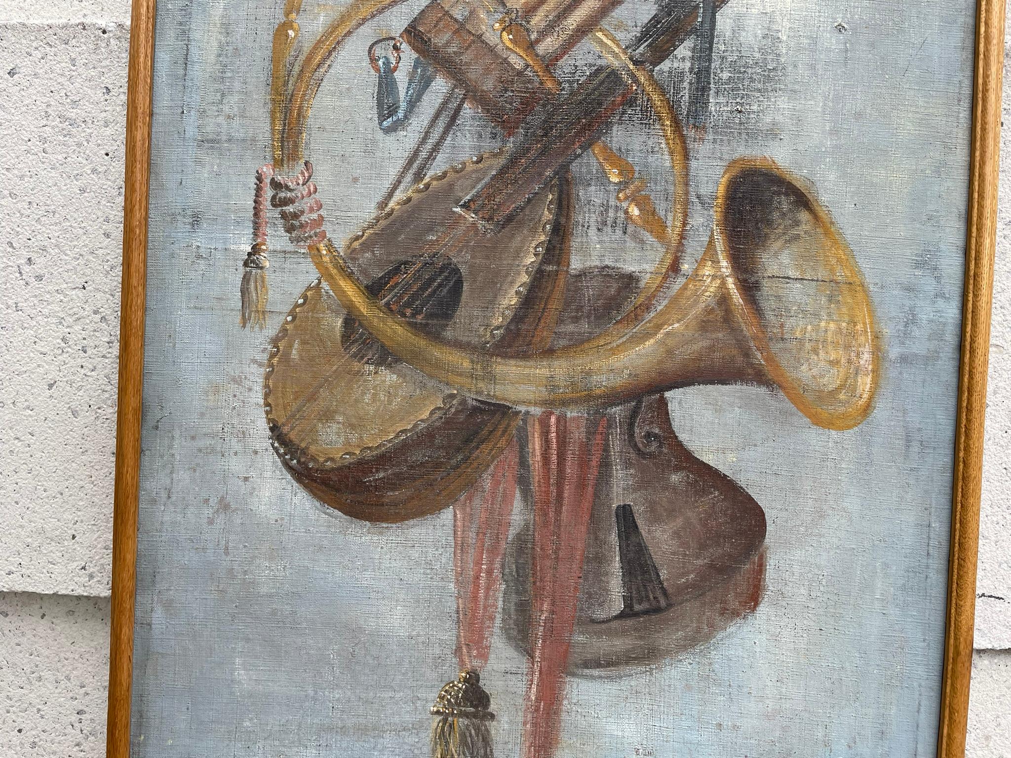 Toile Peinture sur toile en trompe-l'Oeil italienne du XVIIIe siècle représentant des instruments de musique en vente
