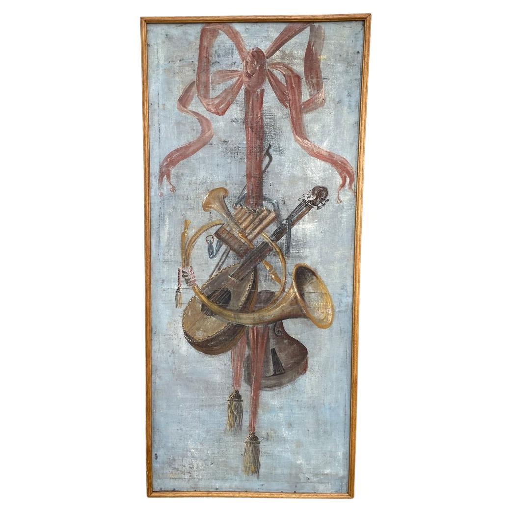 18th Century Italian Trompe L'Oeil Painting On Canvas Of Musical Instruments For Sale