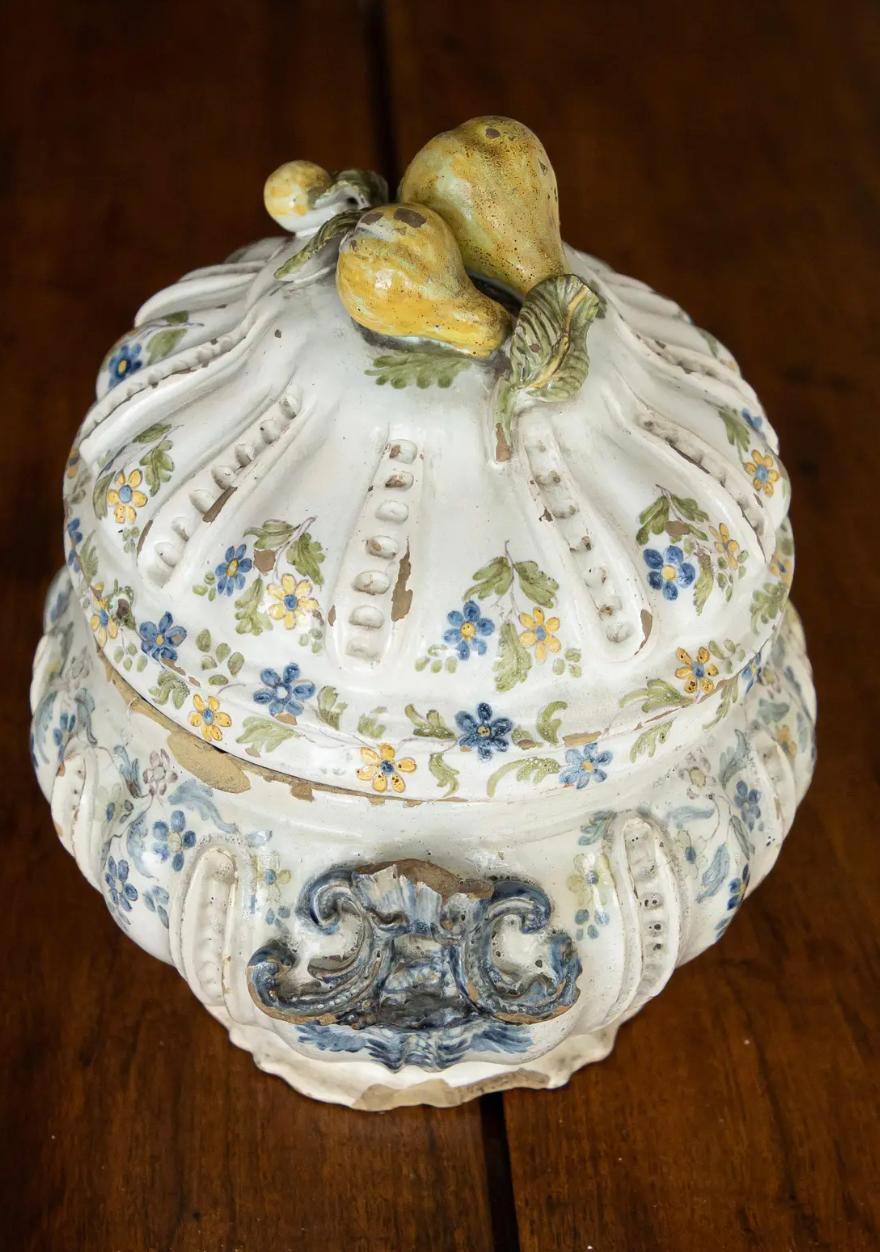 This exquisite 18th-century Italian tureen is a true work of art, showcasing masterful craftsmanship and timeless charm. Its elegant oval shape is adorned with beautifully faded citron and blue floral motifs, adding a delicate, timeworn appeal. The