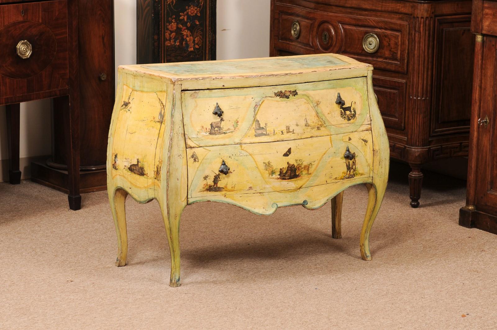 18th Century Italian Venetian Painted Yellow Commode with Decoupage Decoration & 2 Drawers