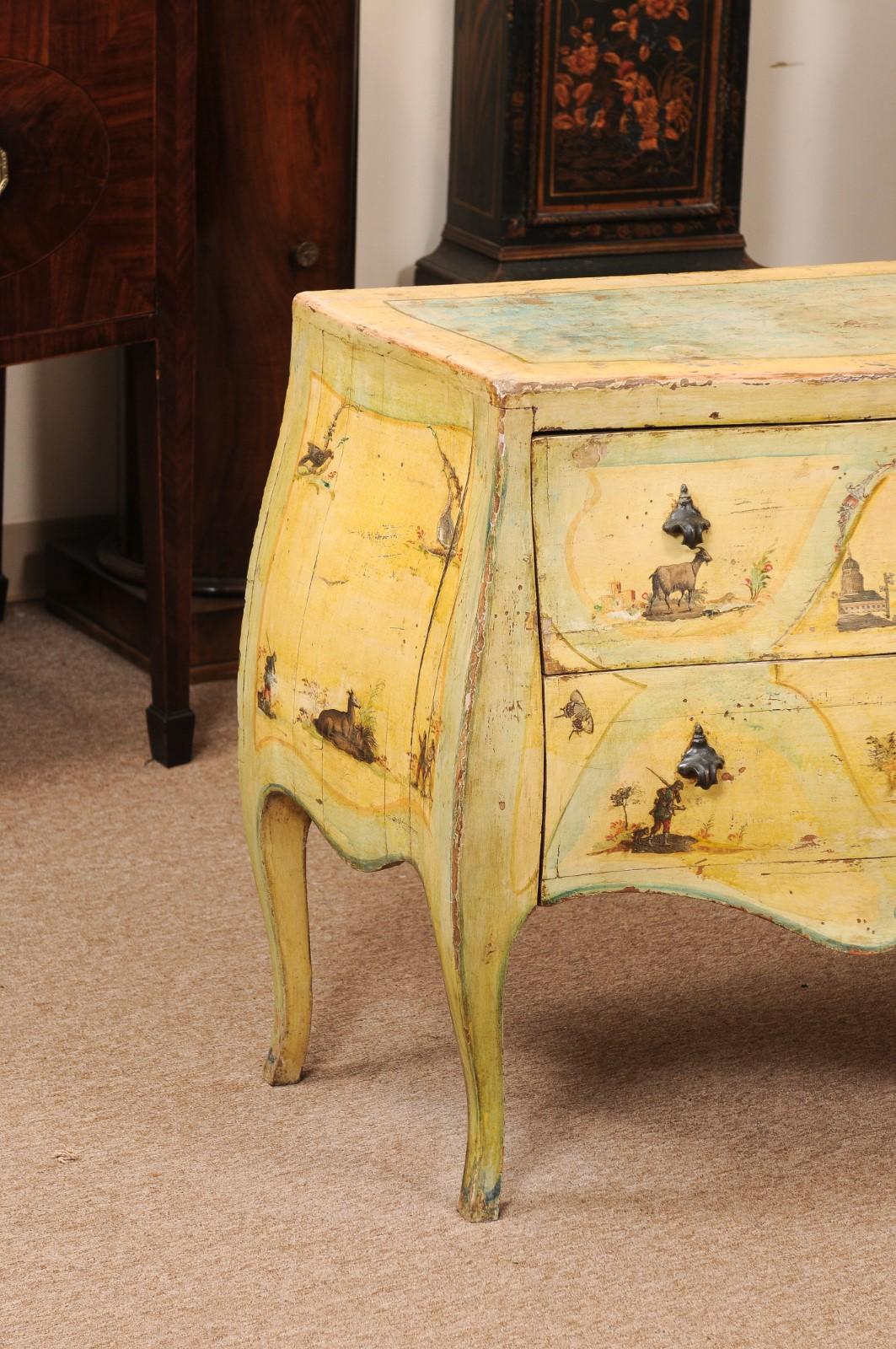  18th Century Italian Venetian Painted Yellow Commode with Decoupage Decoration  In Fair Condition For Sale In Atlanta, GA