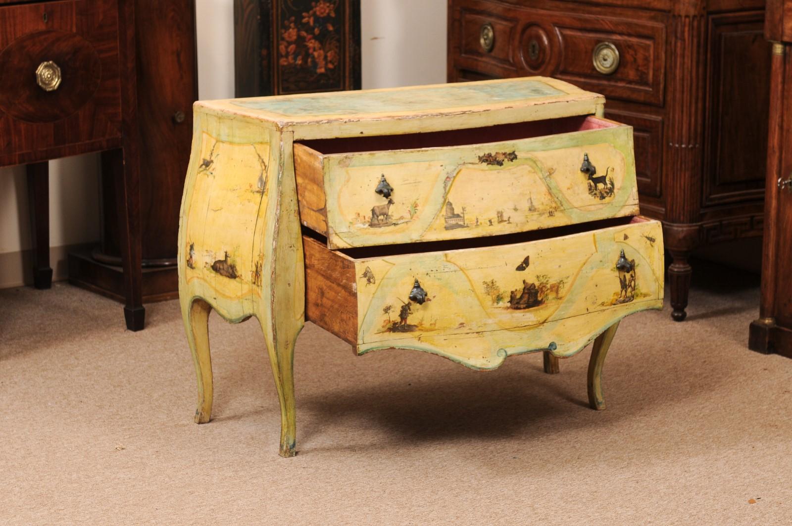18th Century and Earlier  18th Century Italian Venetian Painted Yellow Commode with Decoupage Decoration  For Sale