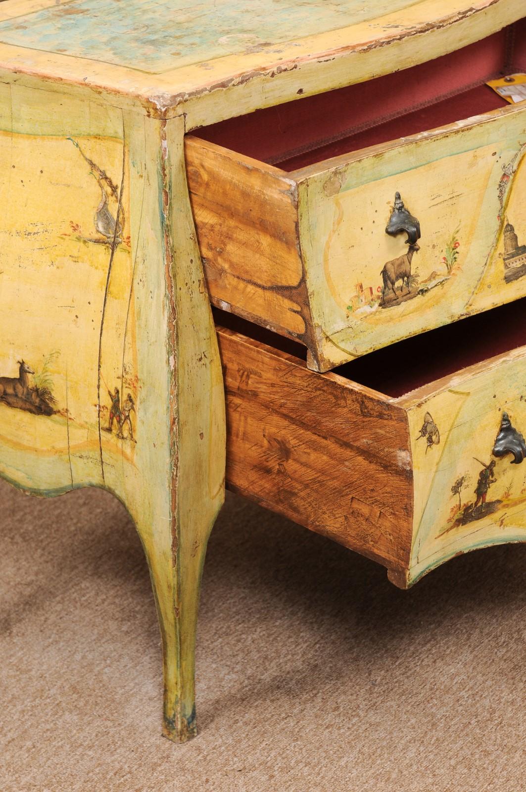 Wood  18th Century Italian Venetian Painted Yellow Commode with Decoupage Decoration  For Sale