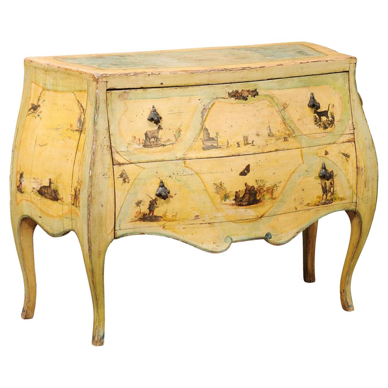  18th Century Italian Venetian Painted Yellow Commode with Decoupage Decoration 