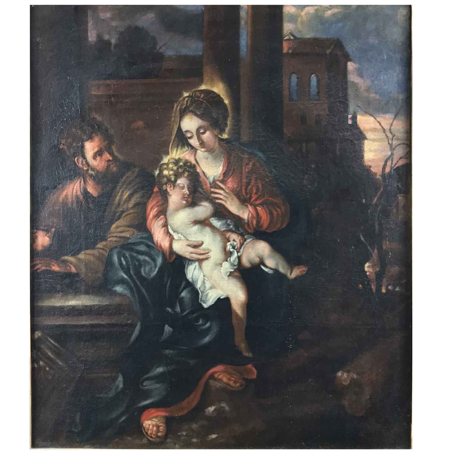 A lovely Italian painting depicting Madonna Virgin with Child surrounded by Saint Joseph and an evening landscape with architectural elements. 
Unknown artist after Baroque Italian Genoese school, it is a very good painting quality, this antique oil