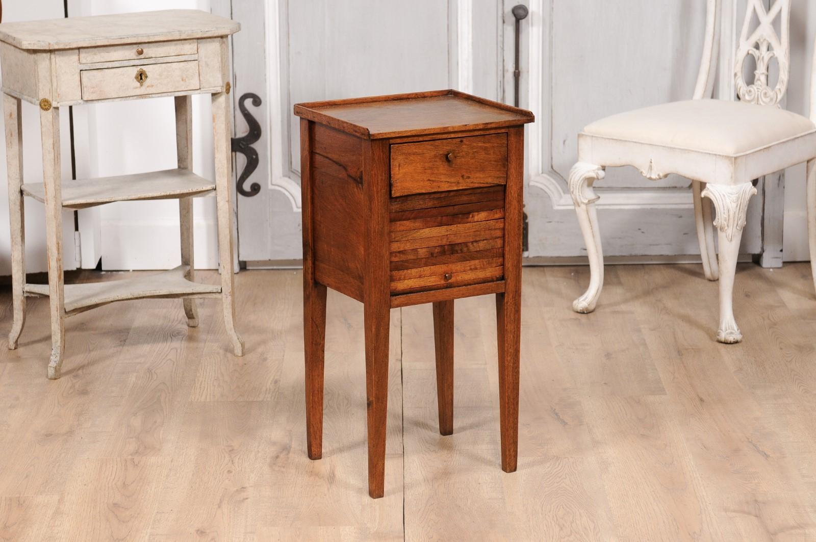 Carved 18th Century Italian Walnut Bedside Table with Single Drawer and Tambour Door For Sale