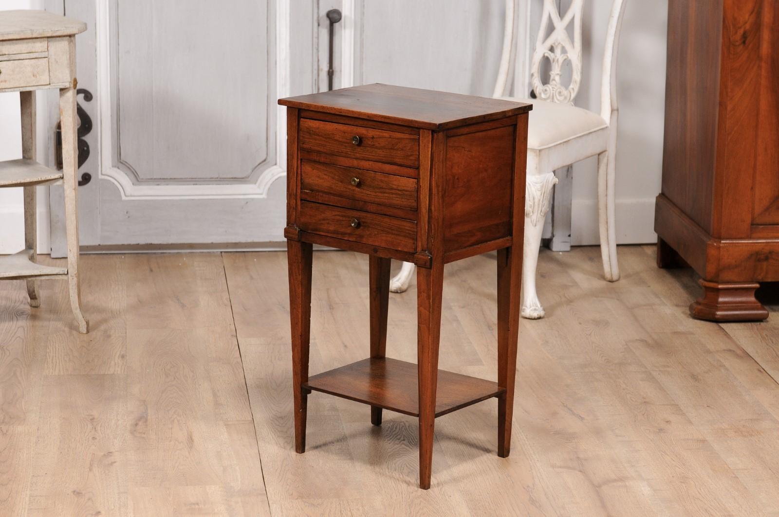 18th Century Italian Walnut Bedside Table with Three Drawers and Tapering Legs For Sale 8