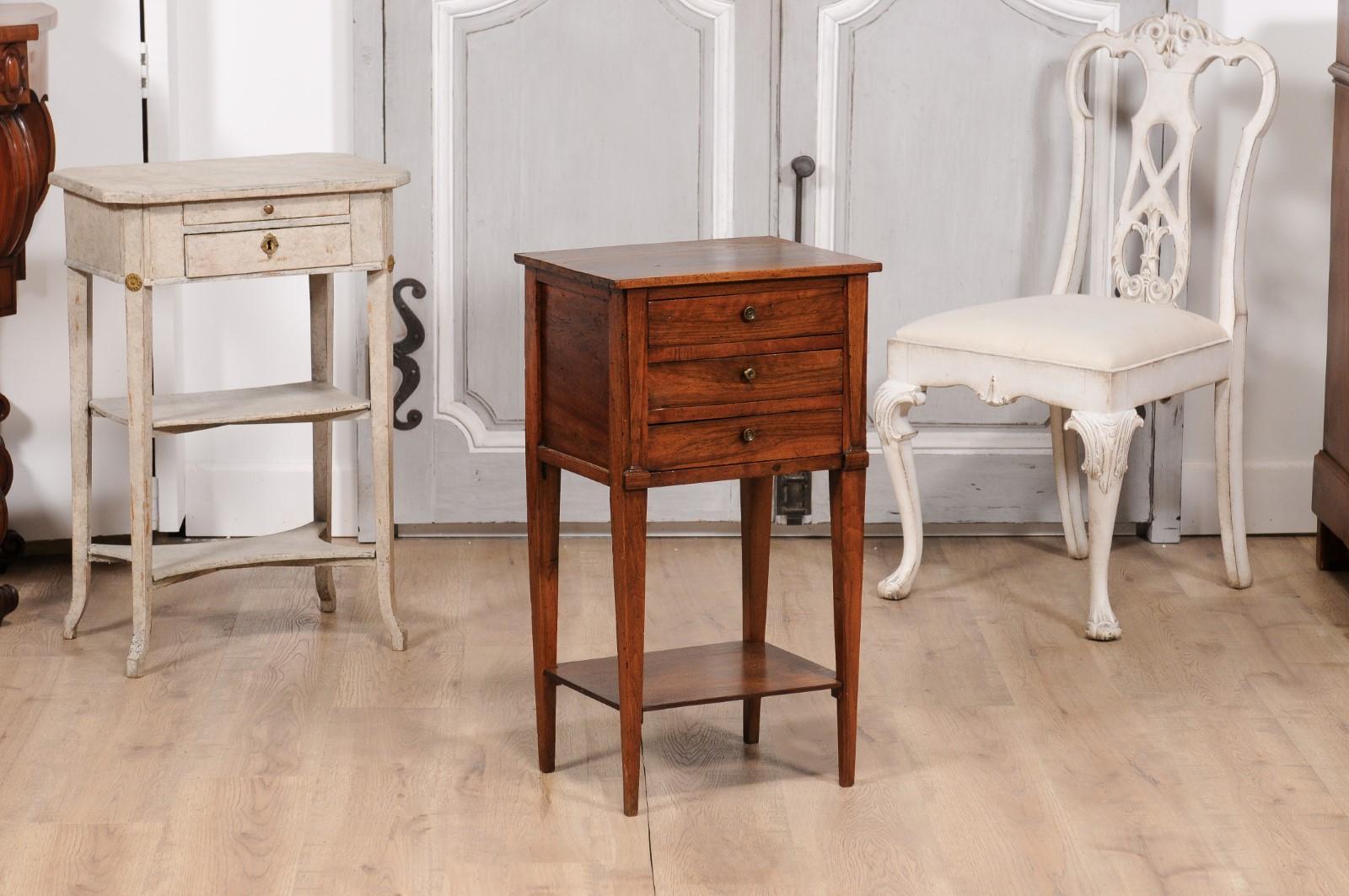18th Century Italian Walnut Bedside Table with Three Drawers and Tapering Legs In Good Condition For Sale In Atlanta, GA