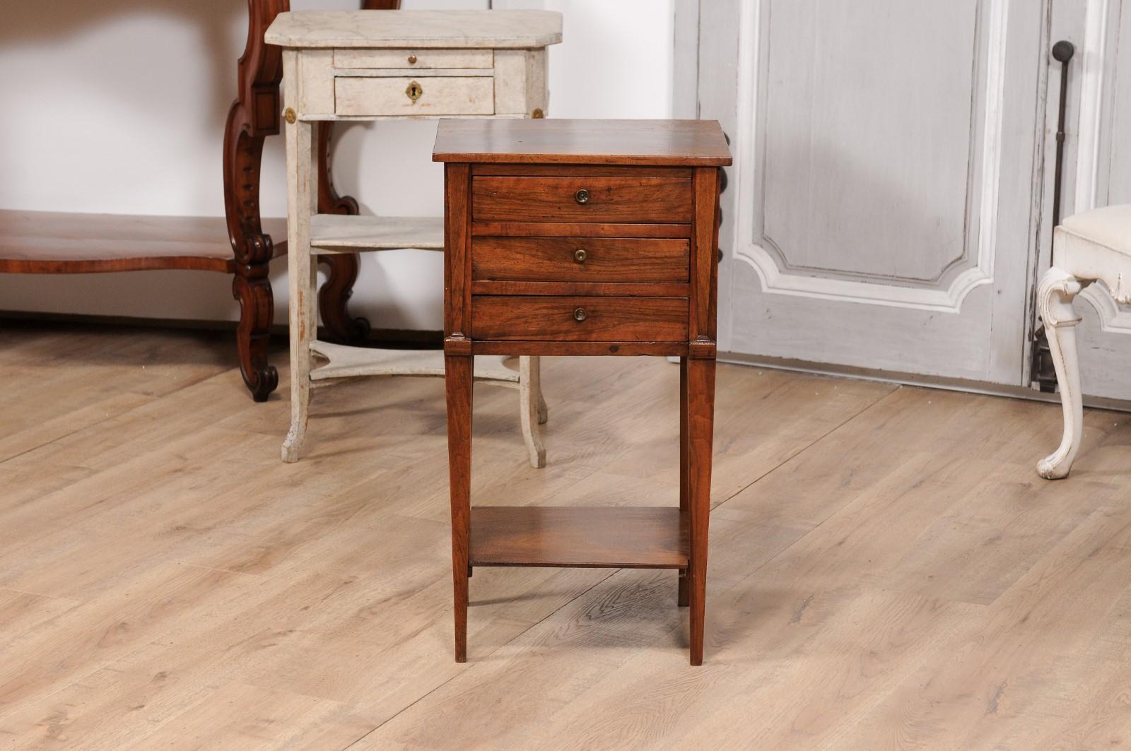 18th Century and Earlier 18th Century Italian Walnut Bedside Table with Three Drawers and Tapering Legs For Sale