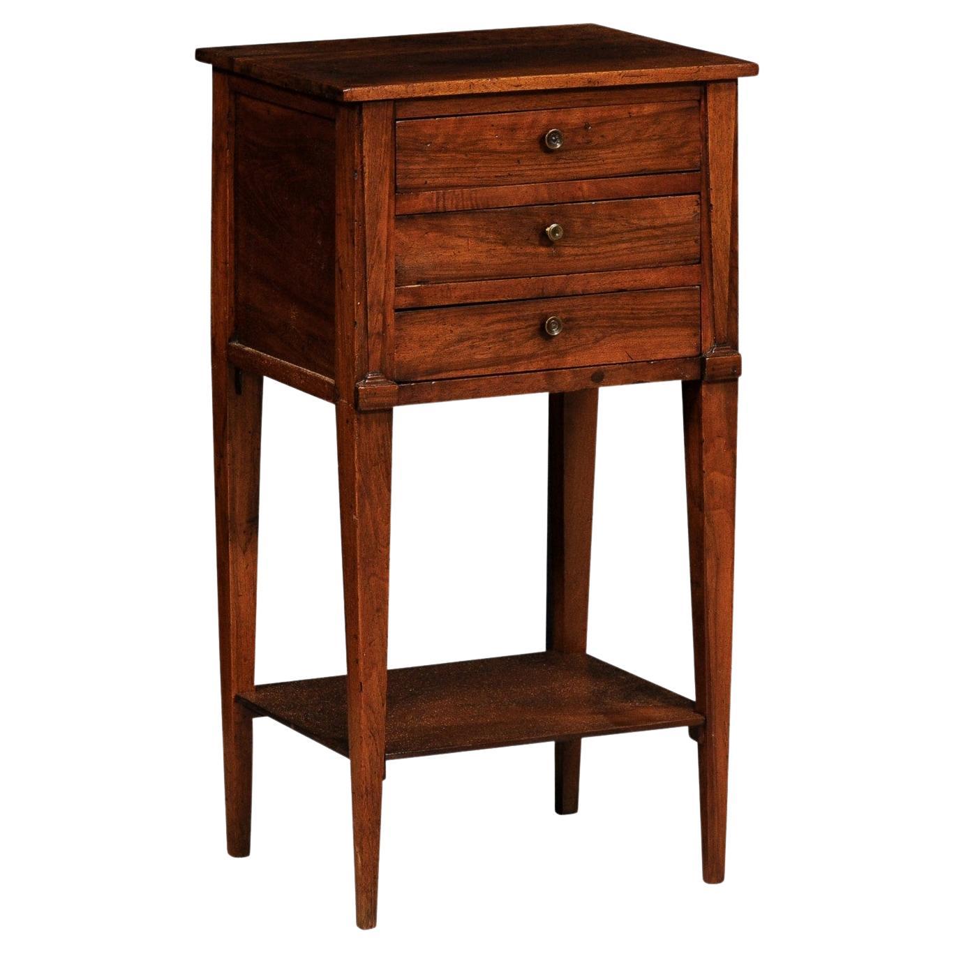 18th Century Italian Walnut Bedside Table with Three Drawers and Tapering Legs For Sale