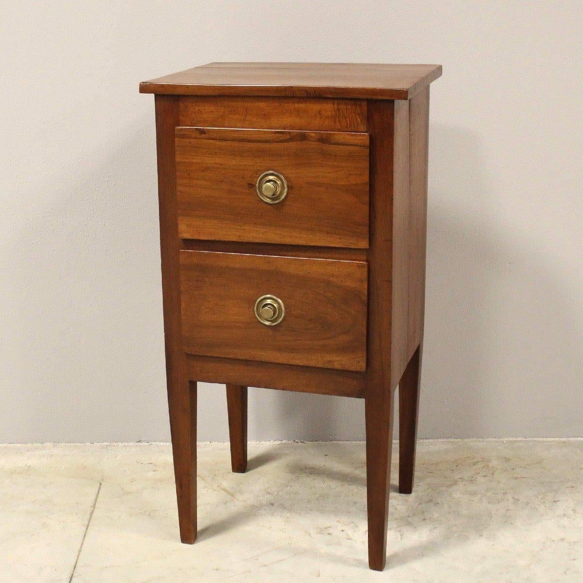 Brass 18th Century Italian Walnut Bedside Table with Two Drawers and Tapered Legs