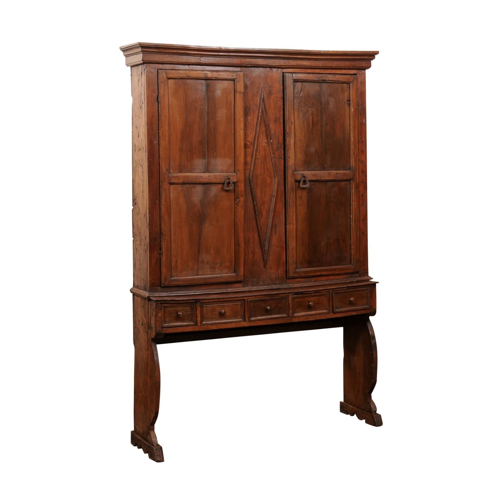 Early 18th Century Italian Walnut Cabinet on Stand with 2 Doors & 5 Small Drawers