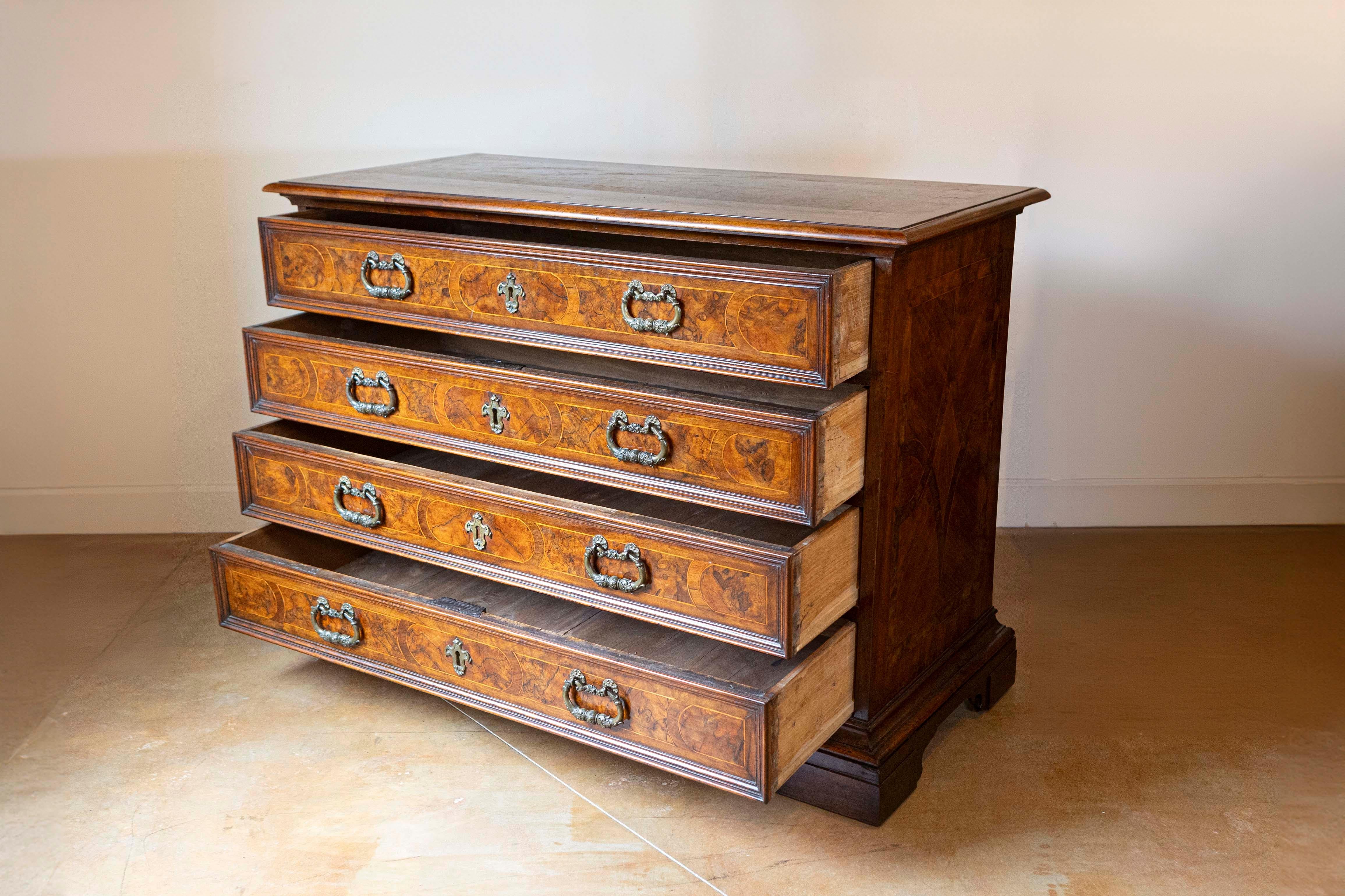 18th Century Italian Walnut Commode with Four Drawers and Ornate Hardware In Good Condition For Sale In Atlanta, GA