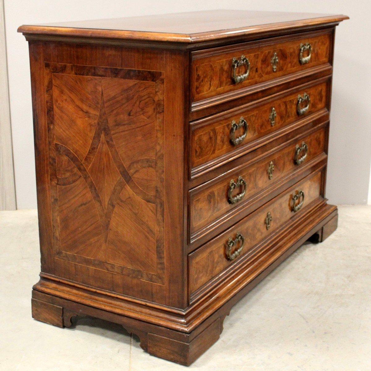 Bronze 18th Century Italian Walnut Commode with Four Drawers and Ornate Hardware For Sale