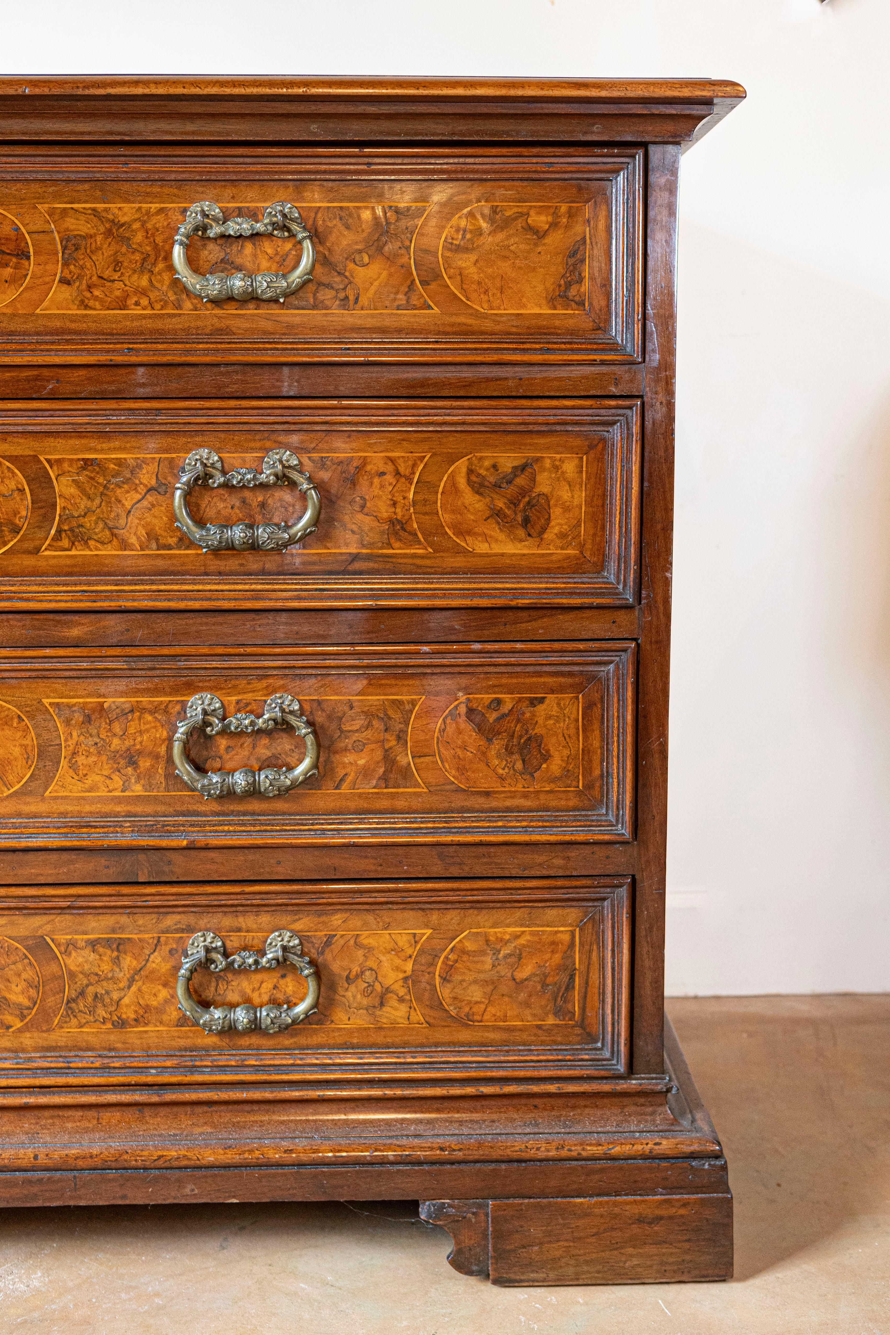 18th Century Italian Walnut Commode with Four Drawers and Ornate Hardware For Sale 3