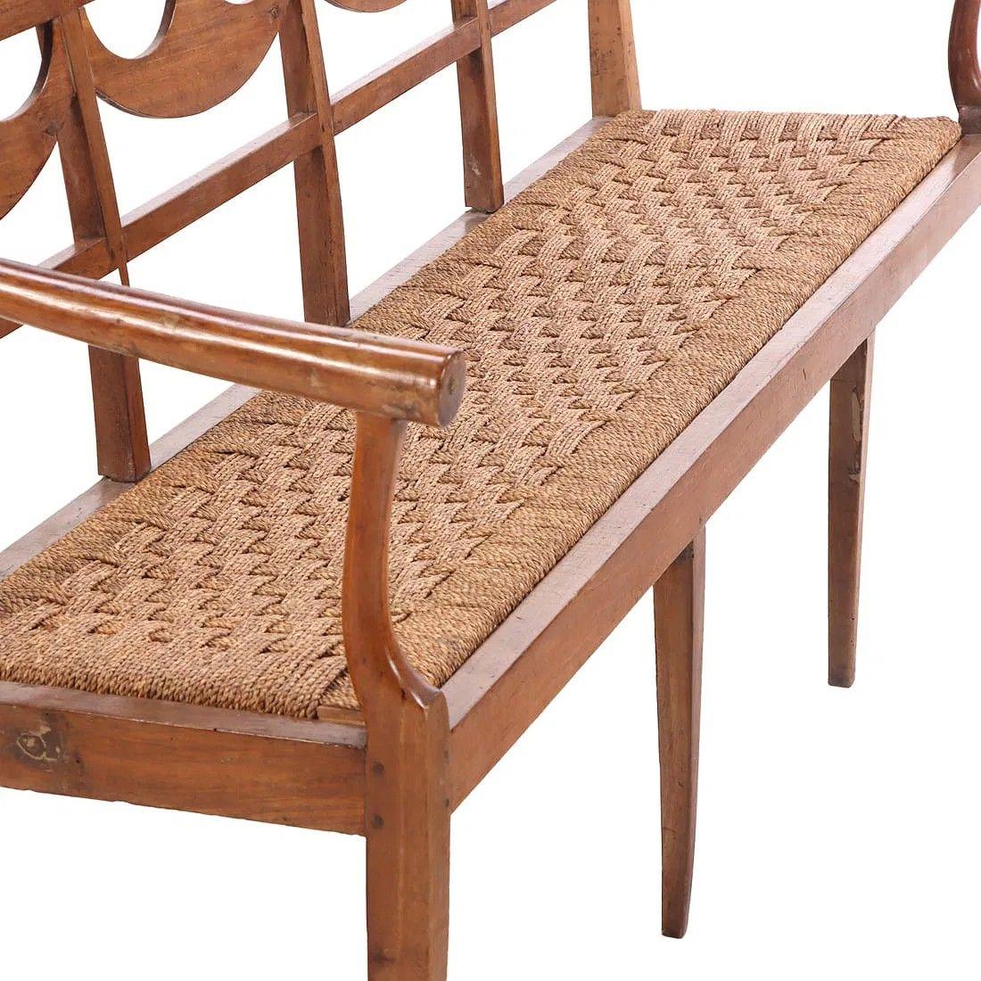 18th Century Italian Walnut Directoire Bench Having a Cord Seat and Open Arms In Good Condition For Sale In Houston, TX