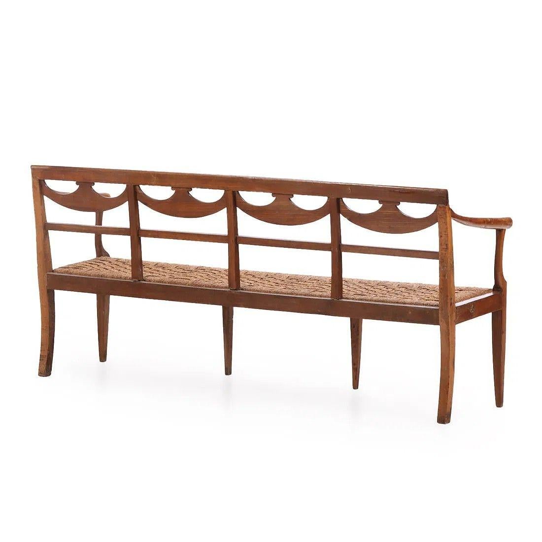 18th Century and Earlier 18th Century Italian Walnut Directoire Bench Having a Cord Seat and Open Arms For Sale
