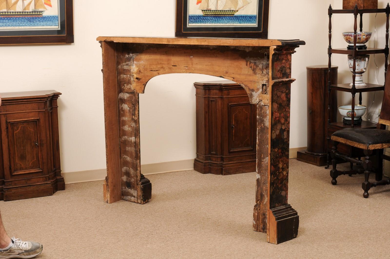 18th Century Italian Walnut & Faux Marble Painted Fireplace Surround / Mantle For Sale 3