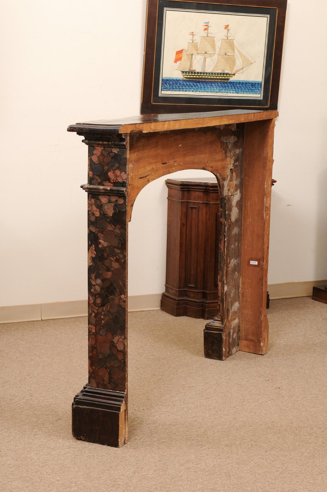 18th Century Italian Walnut & Faux Marble Painted Fireplace Surround / Mantle For Sale 5