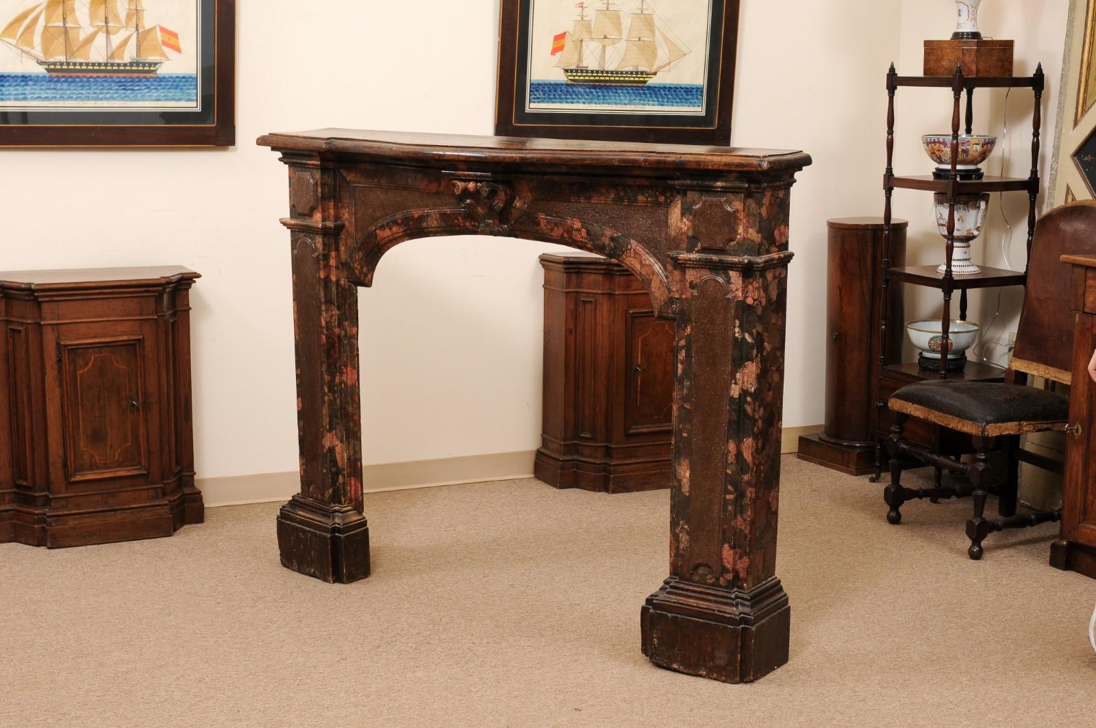 18th Century Italian Walnut & Faux Marble Painted Fireplace Surround / Mantle For Sale 7