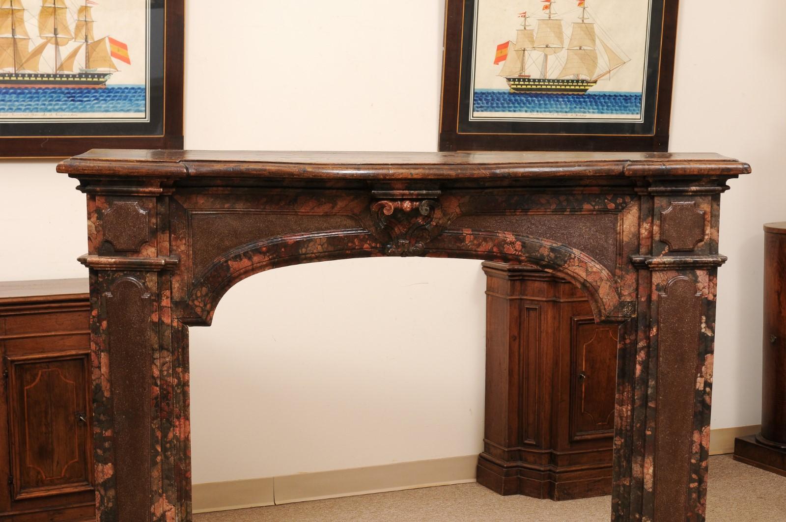 Hand-Painted 18th Century Italian Walnut & Faux Marble Painted Fireplace Surround / Mantle For Sale