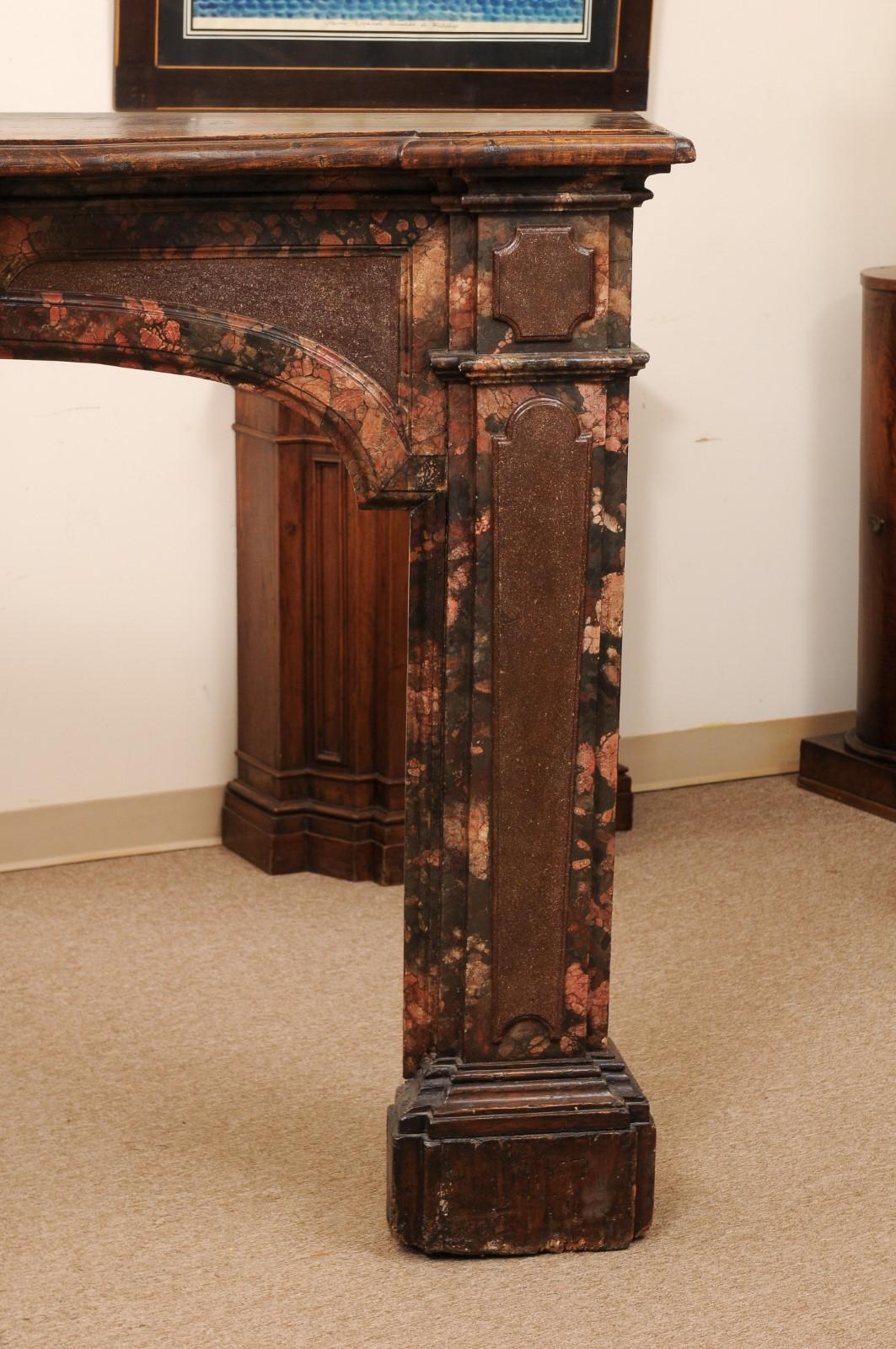 18th Century Italian Walnut & Faux Marble Painted Fireplace Surround / Mantle In Good Condition For Sale In Atlanta, GA