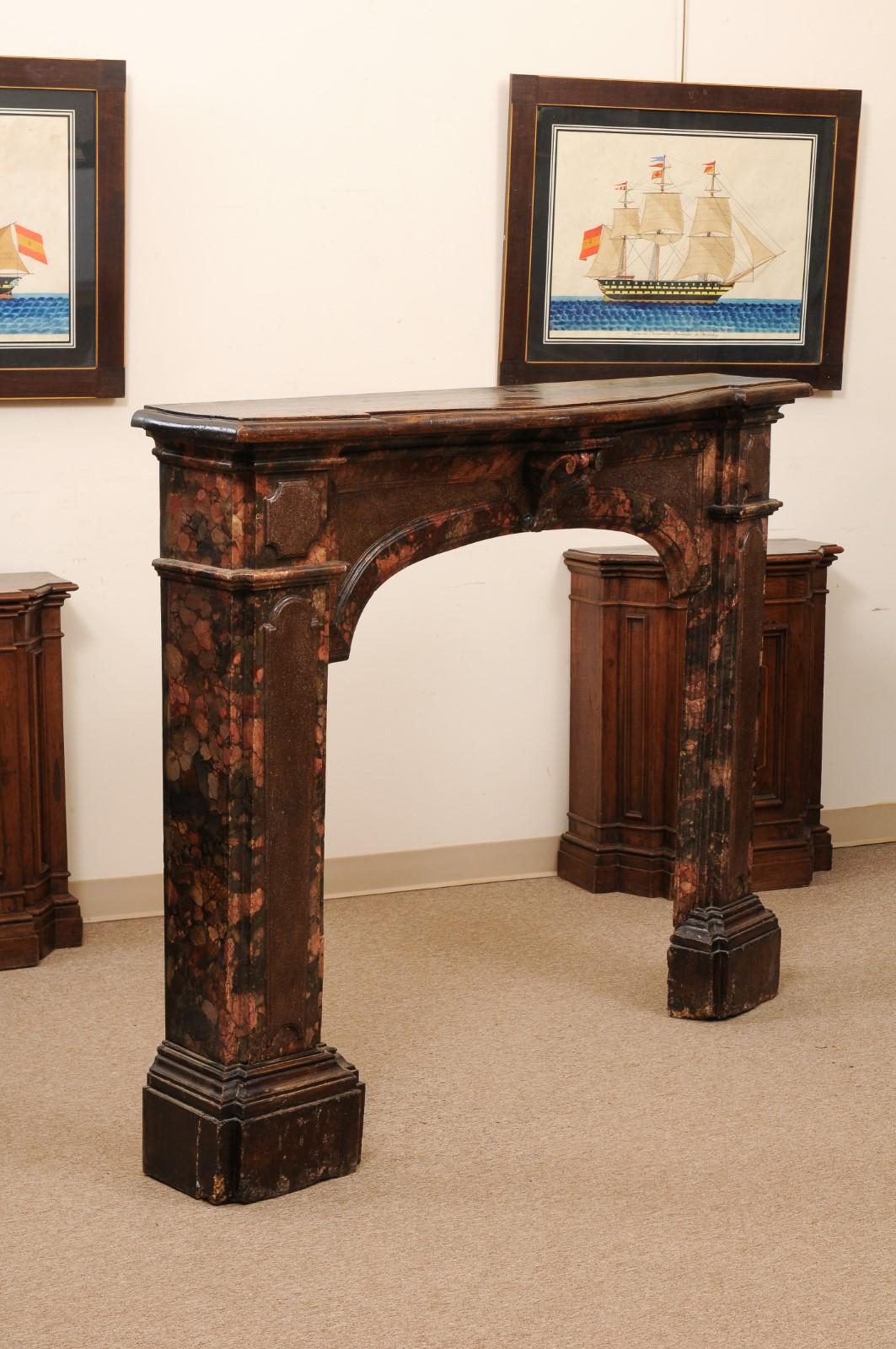 18th Century Italian Walnut & Faux Marble Painted Fireplace Surround / Mantle For Sale 1
