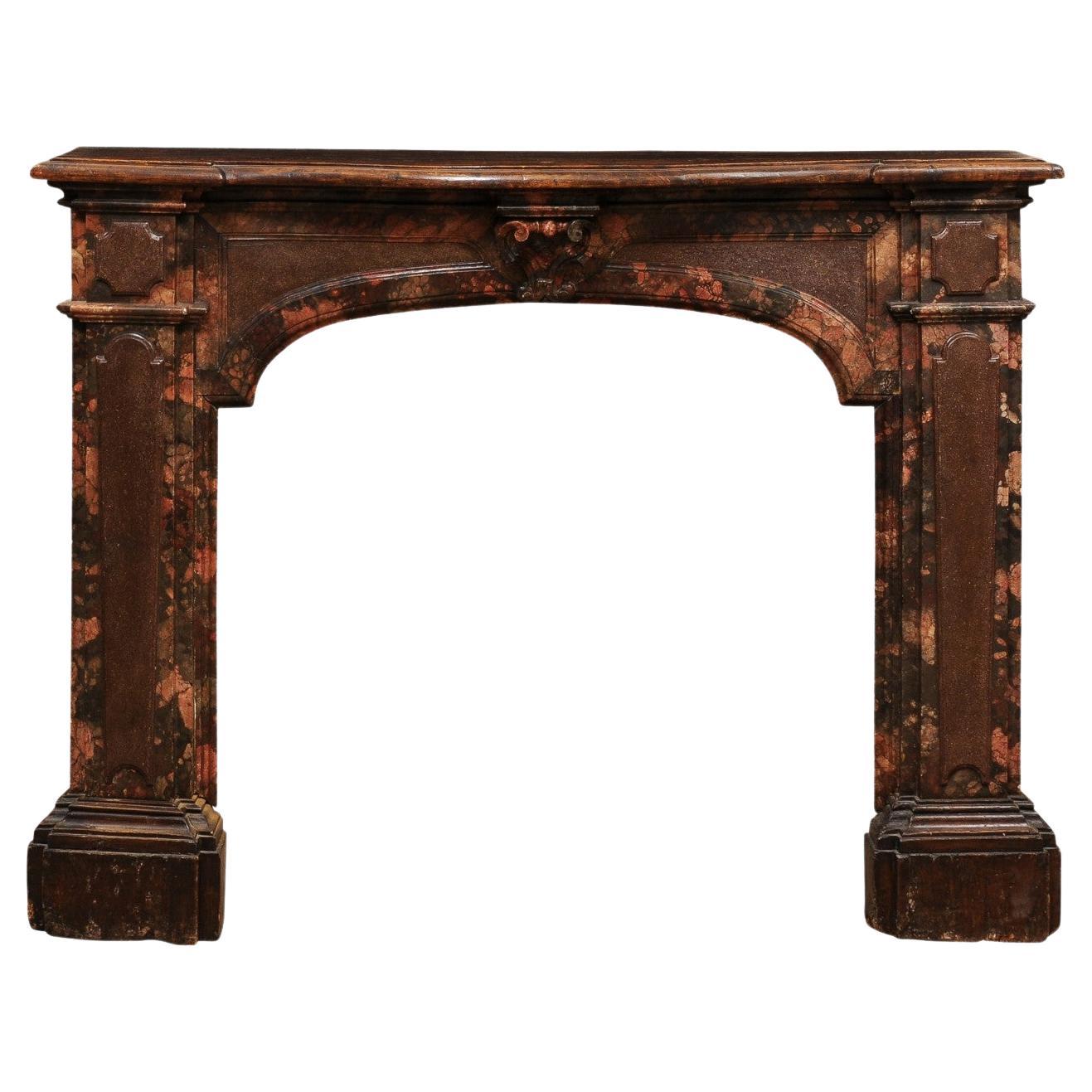 18th Century Italian Walnut & Faux Marble Painted Fireplace Surround / Mantle For Sale