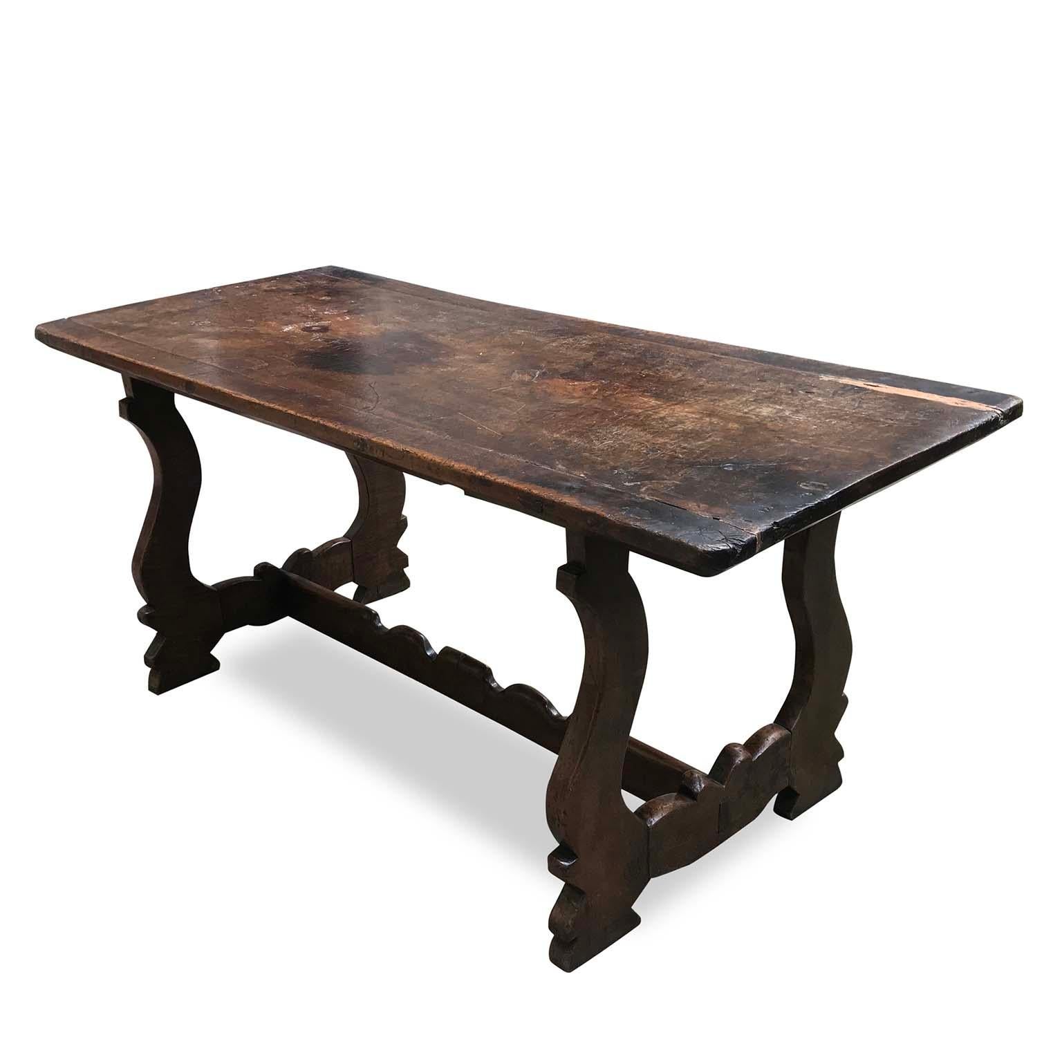 Carved 18th Century Italian Fratino Table with Lyre Legs Solid Walnut Rectangular Table For Sale