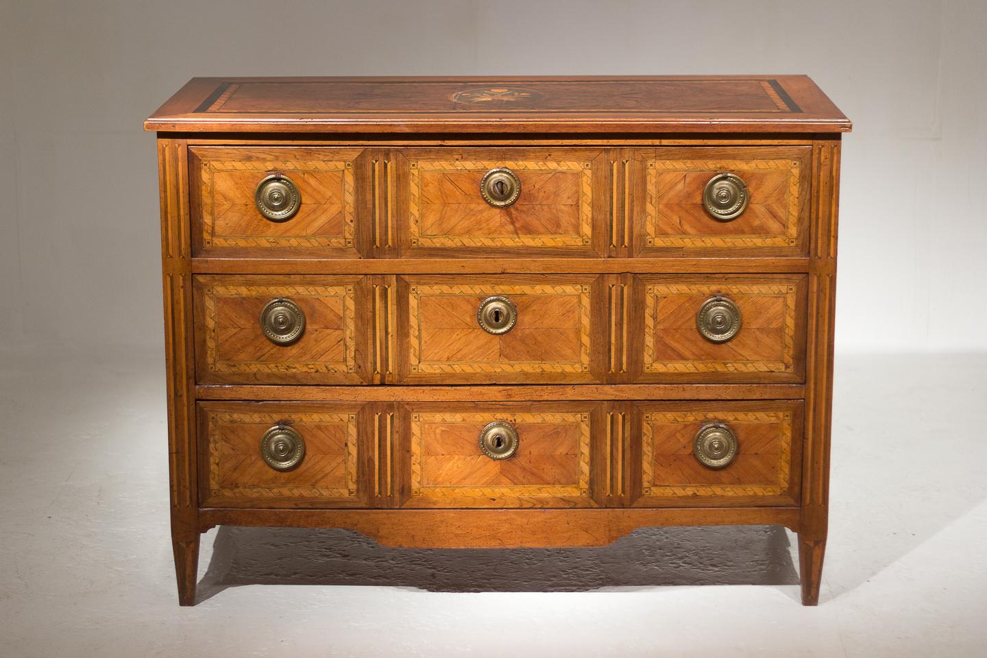 Late 18th century Italian three-drawer inlaid secretaire chest with wonderful patina and color.
