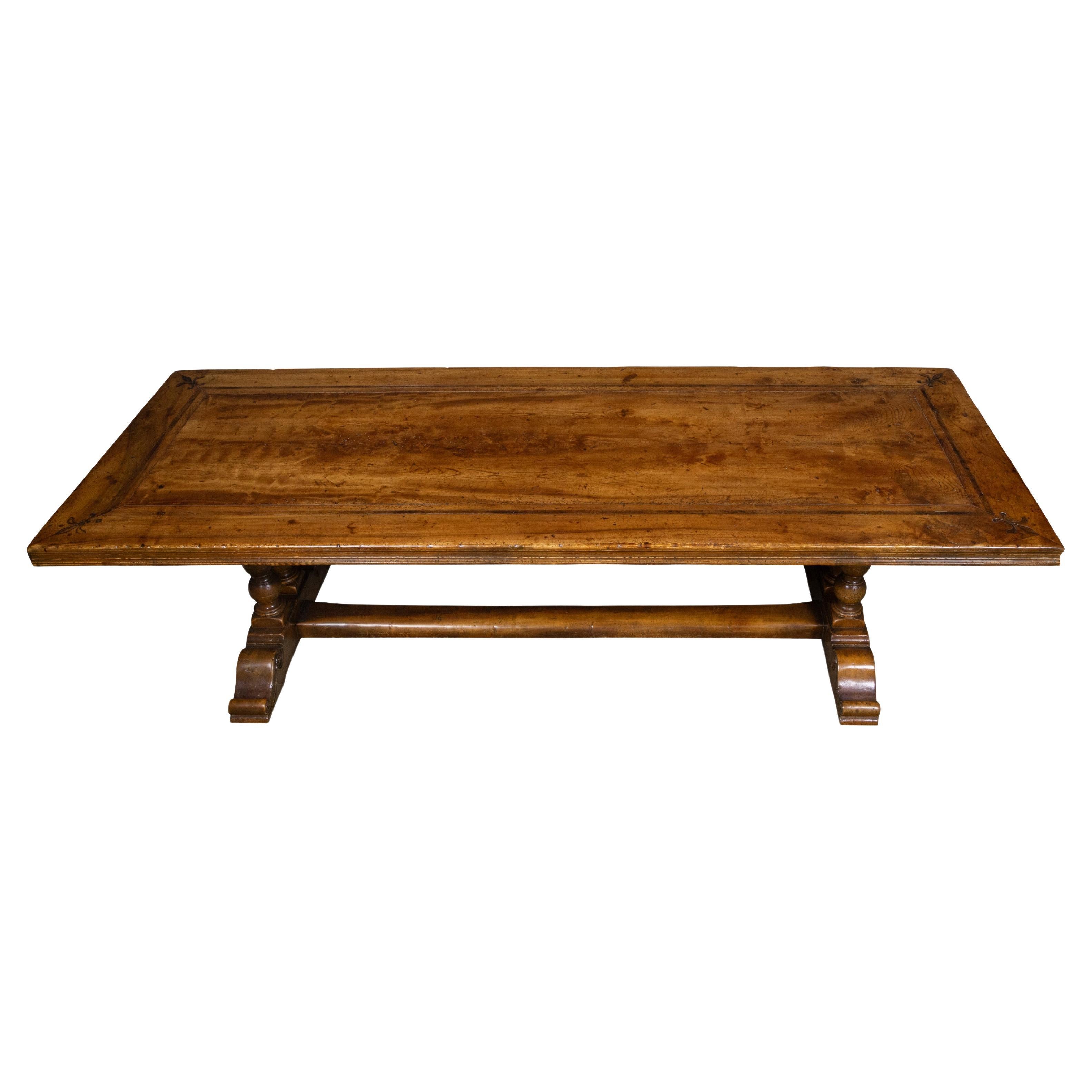 Antique Italian Walnut Long Trestle Dining Table with Carved Details