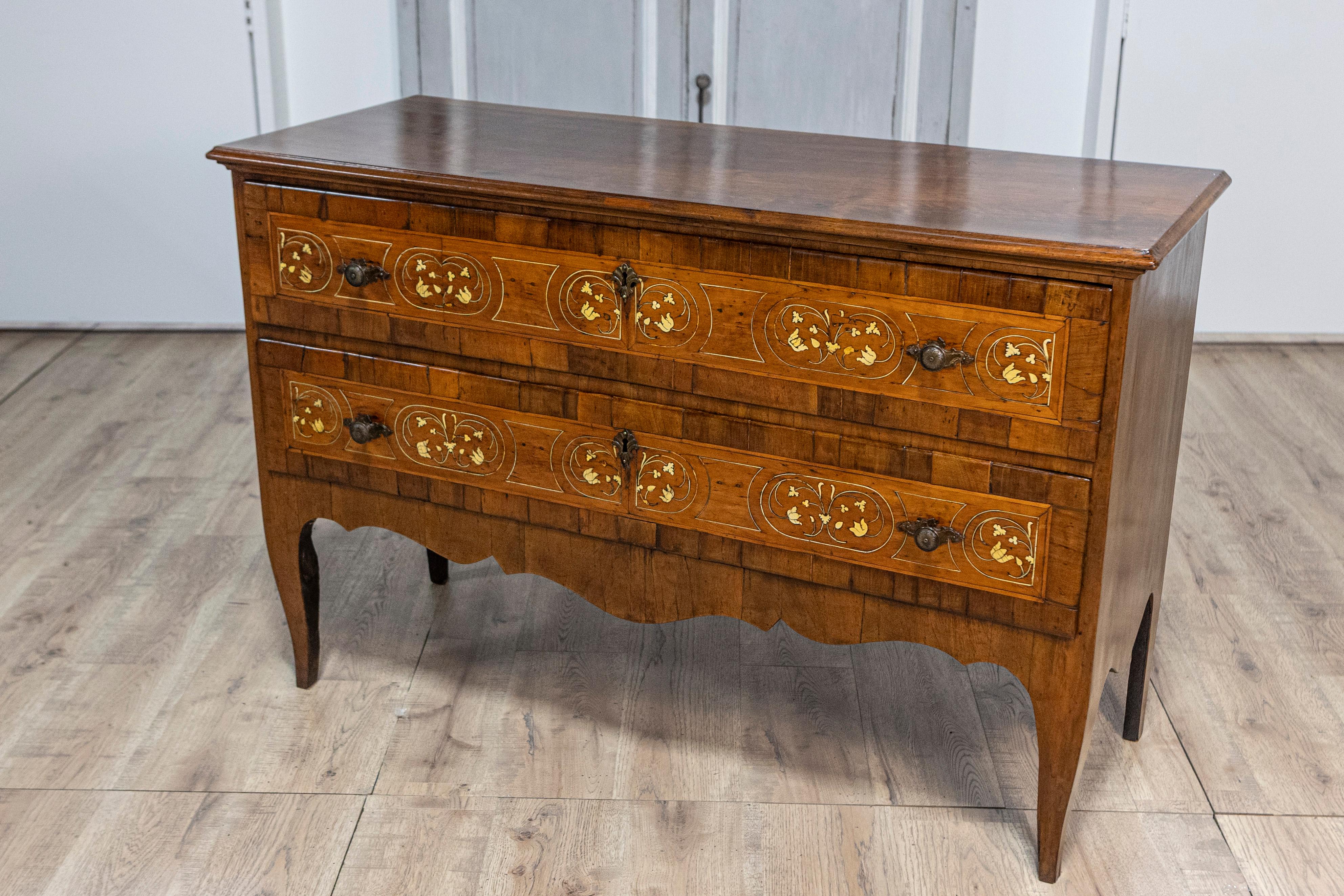 18th Century and Earlier 18th Century Italian Walnut, Mahogany and Ash Two-Drawer Commode with Marquetry For Sale