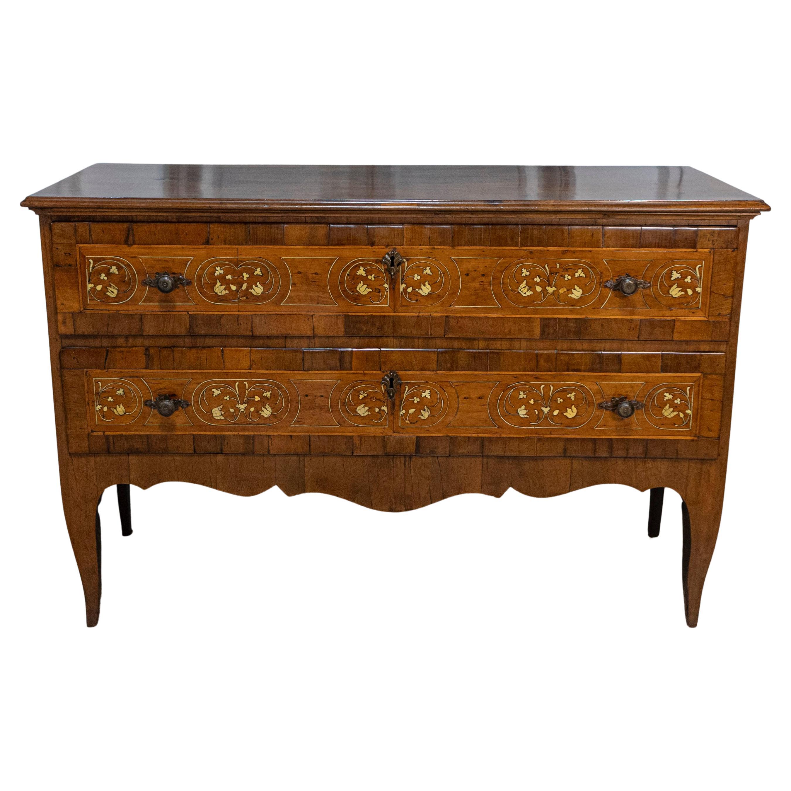 18th Century Italian Walnut, Mahogany and Ash Two-Drawer Commode with Marquetry For Sale