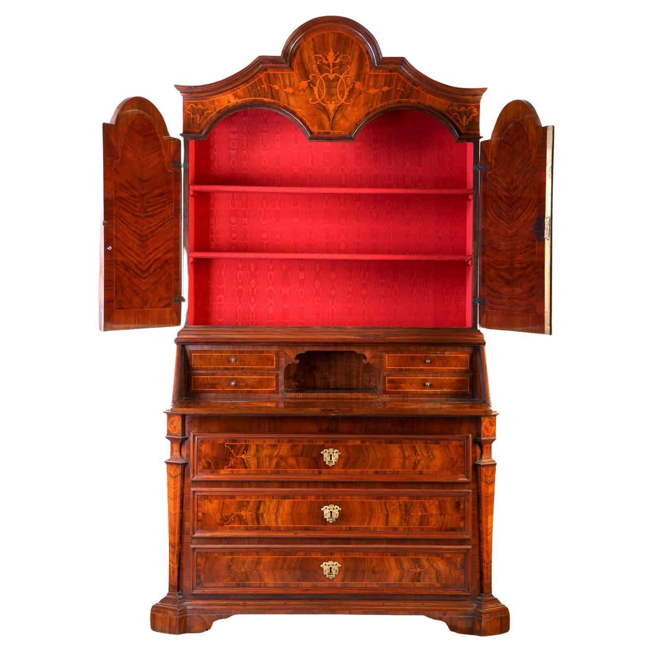 18th Century Italian Walnut Parquetry Important Bureau Cabinet Trumeaux For Sale