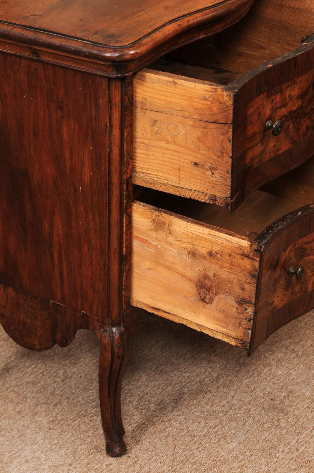 18th Century and Earlier 18th Century Italian Walnut Petite Commodino with 2 Drawers, Cabriole Legs & Hoo For Sale