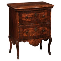 18th Century Italian Walnut Petite Commodino with 2 Drawers, Cabriole Legs & Hoo