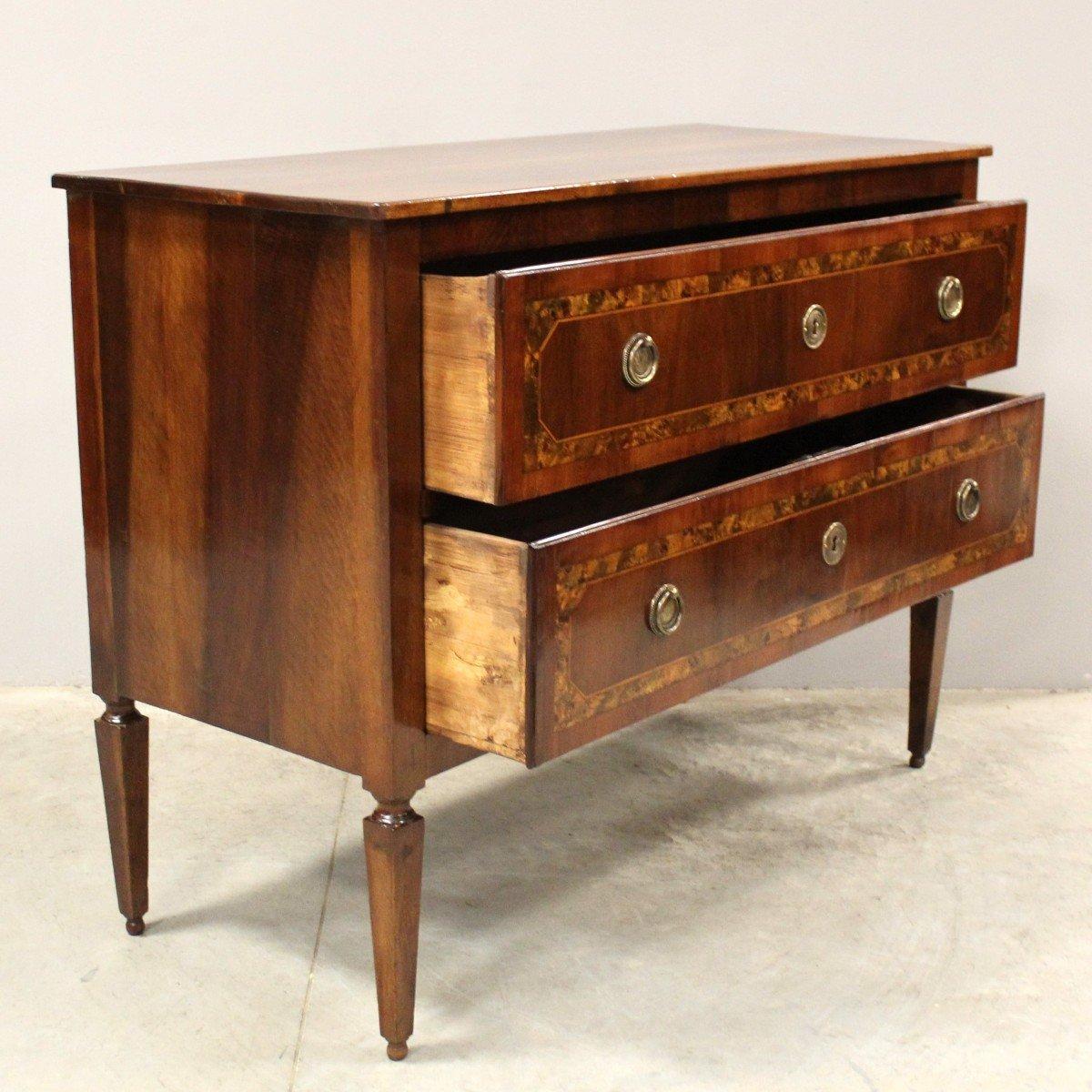 Veneer 18th Century Italian Walnut Two Drawer Commode with Tapered Legs For Sale