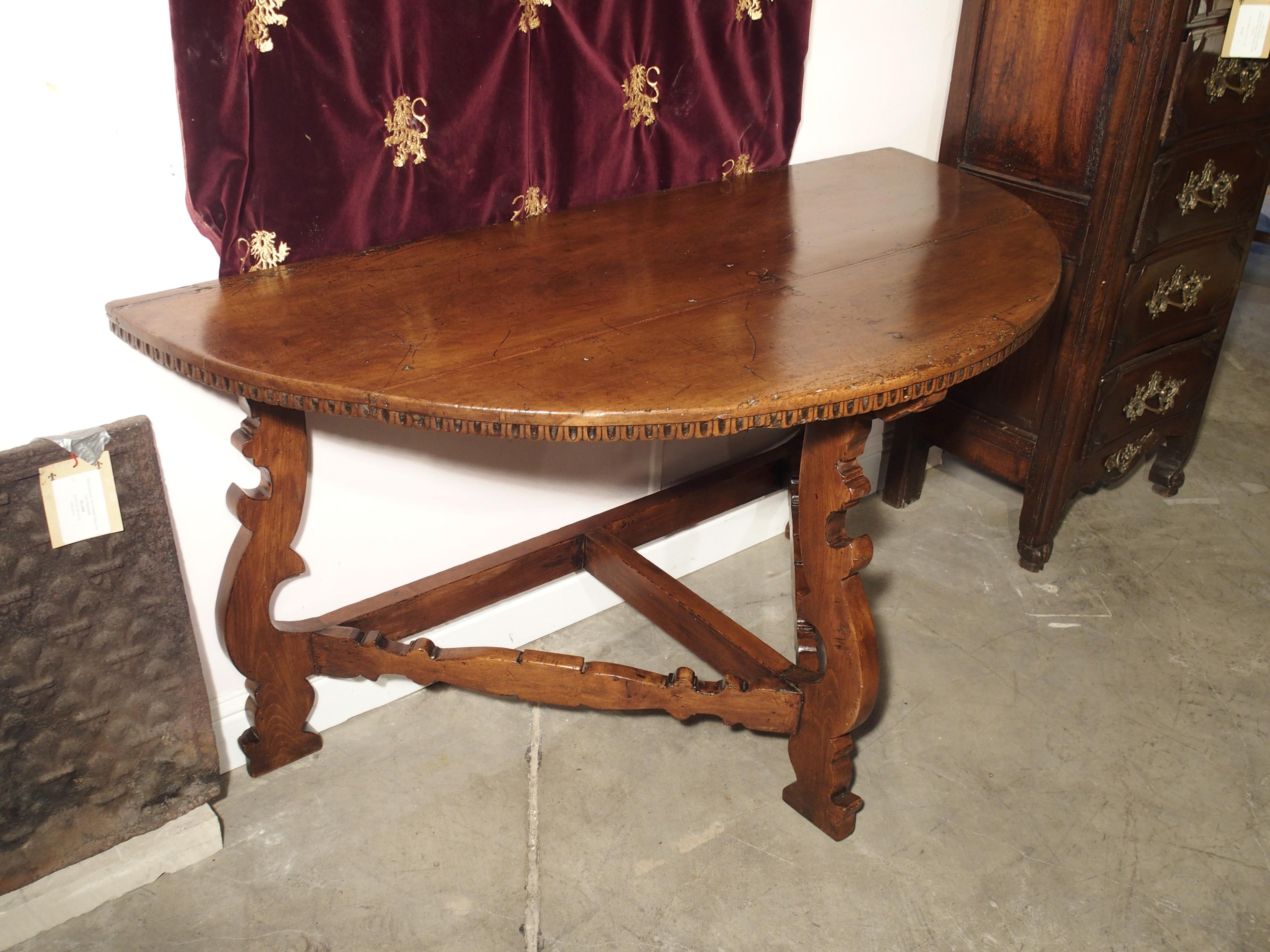Hand-Carved 18th Century Italian Walnut Wood Demi Lune Console Table