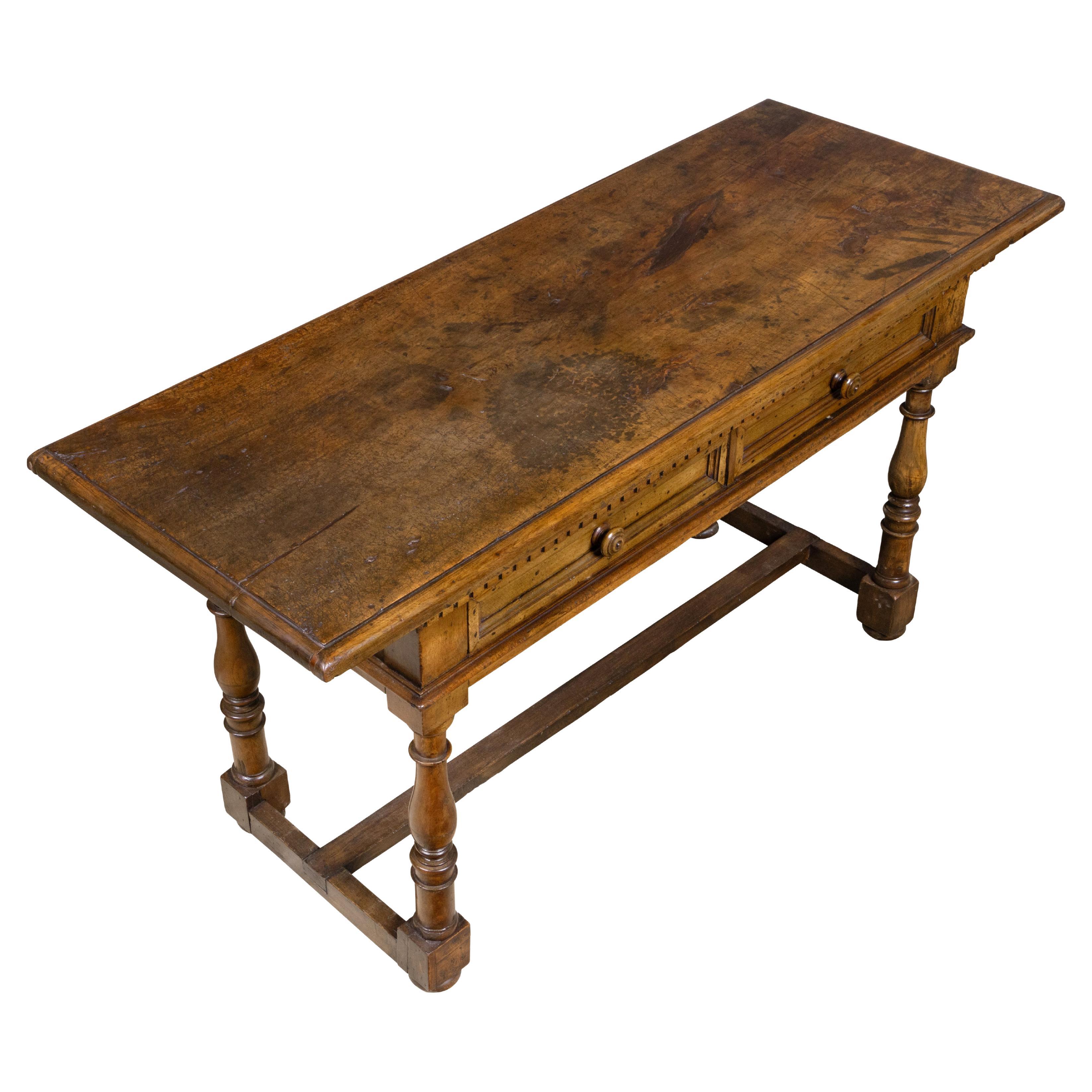 18th Century Italian Walnut Writing Table with Two Drawers and Turned Legs For Sale