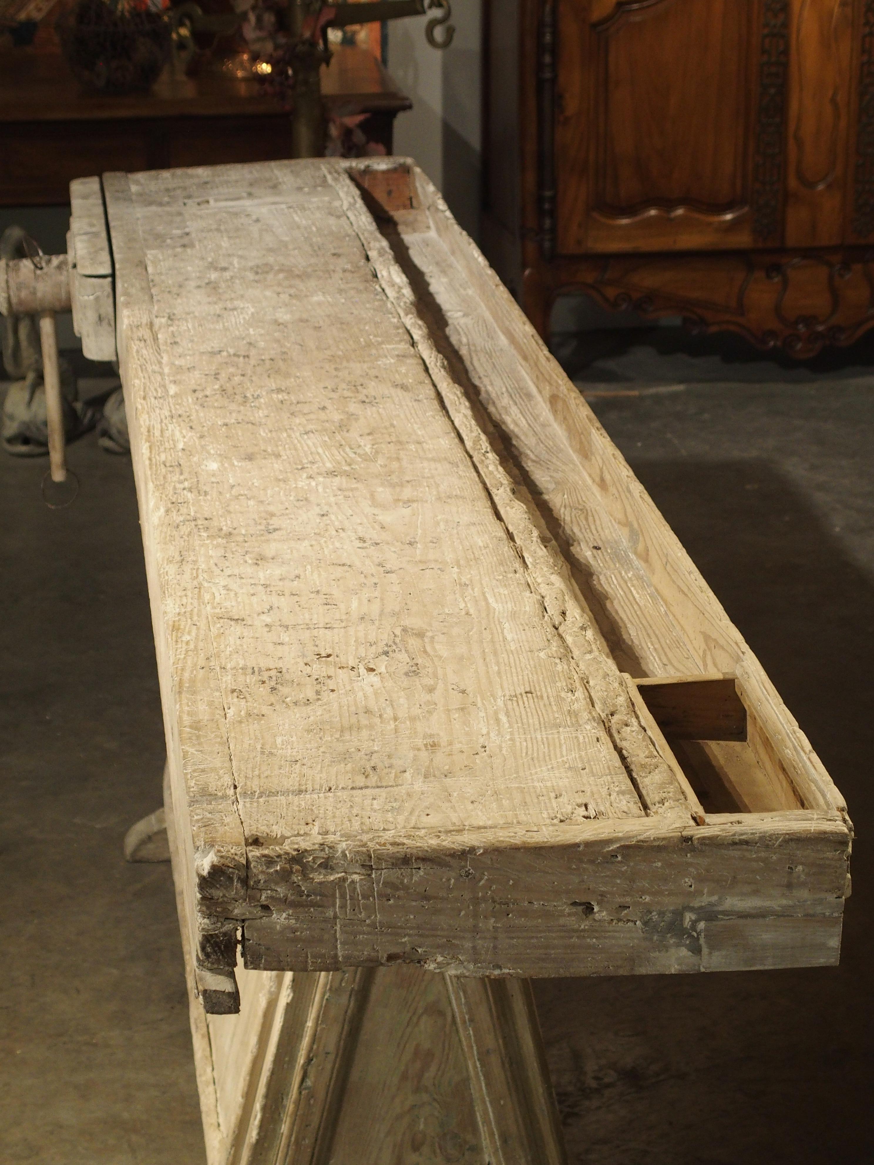Hand-Carved 18th Century Italian Whitewashed Pine Work Bench with Lower Storage