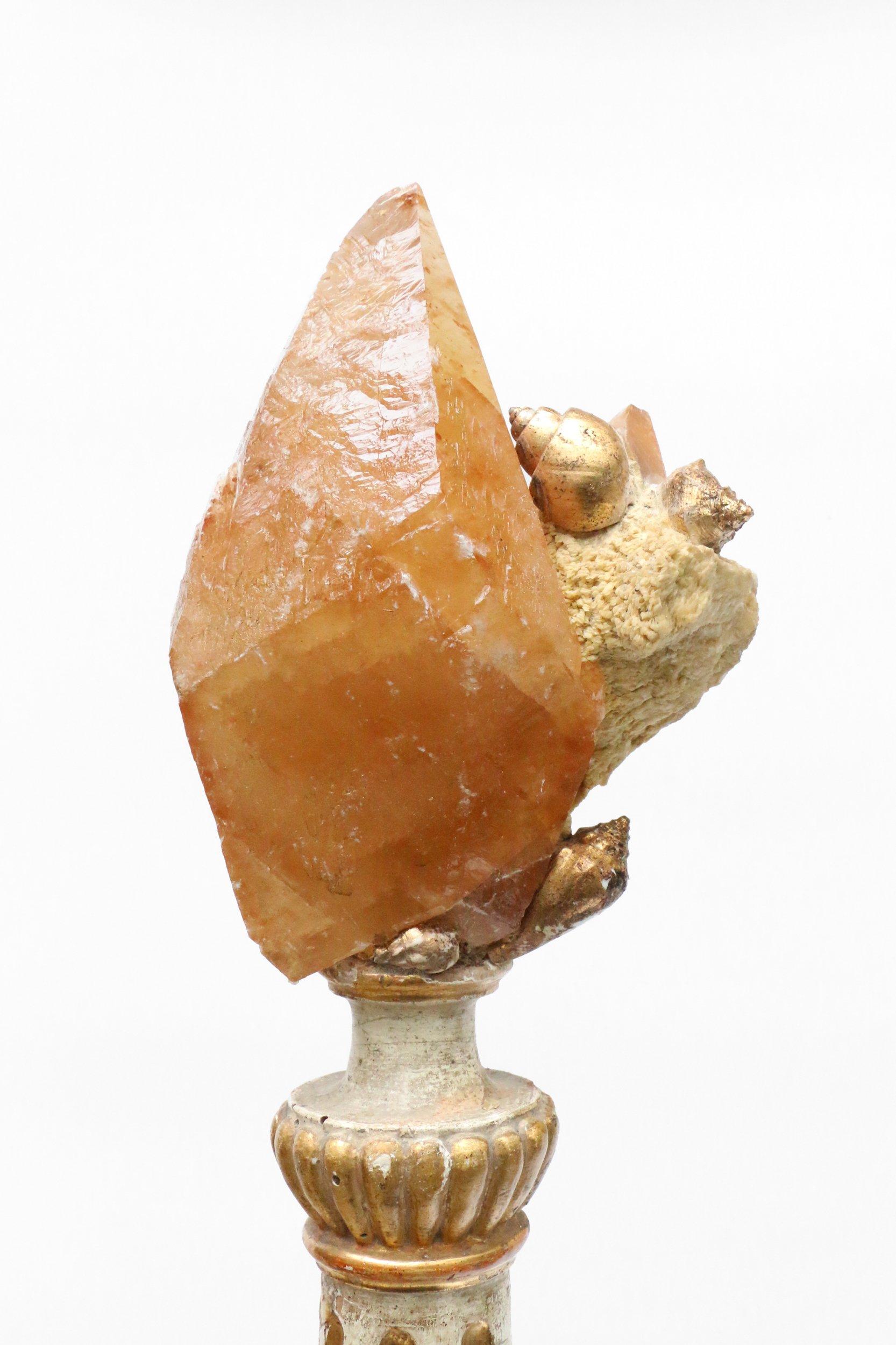 Rococo 18th Century Italian Wood Candlestick Decorated with a Crystal and Shells For Sale