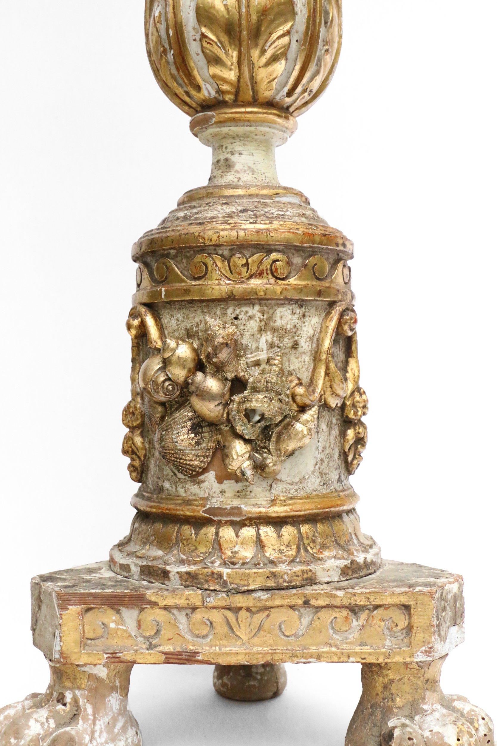18th Century Italian Wood Candlestick Decorated with a Crystal and Shells For Sale 2