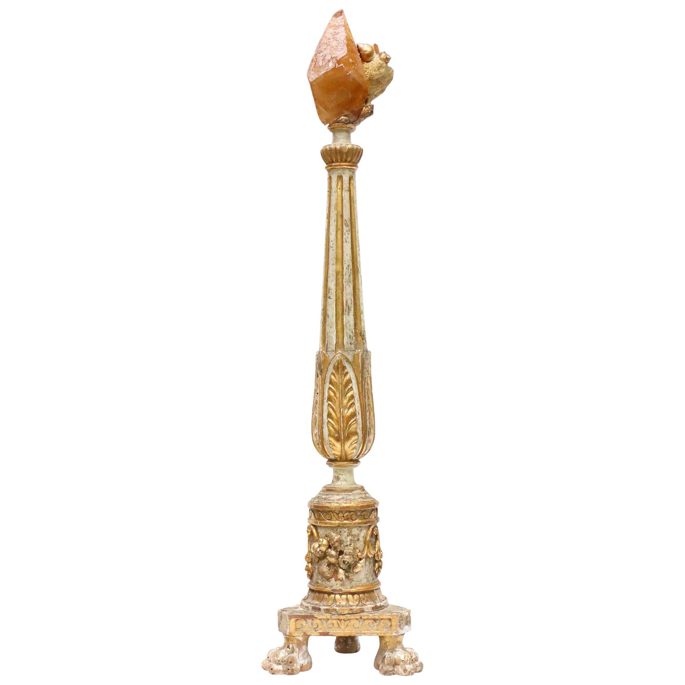 18th Century Italian Wood Candlestick Decorated with a Crystal and Shells