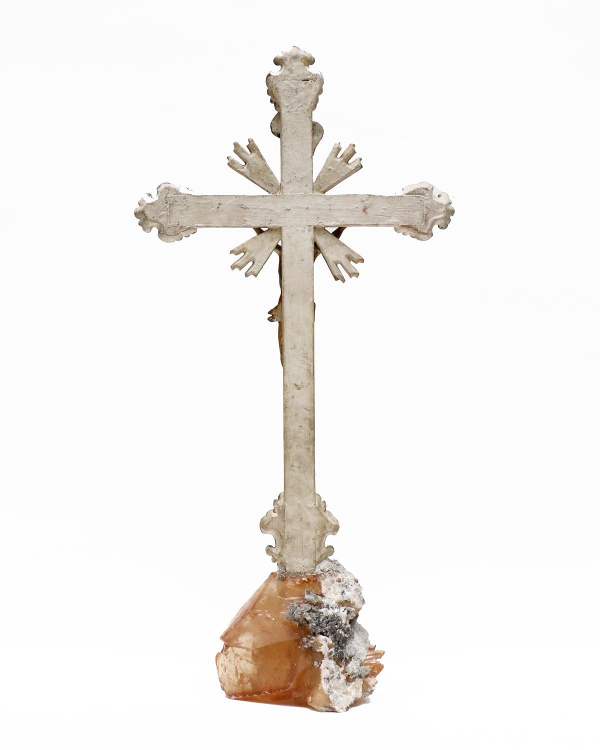 Gold Leaf 18th Century Italian Wood Church Crucifix on a Calcite Crystal Base