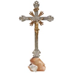 18th Century Italian Wood Church Crucifix on a Calcite Crystal Base