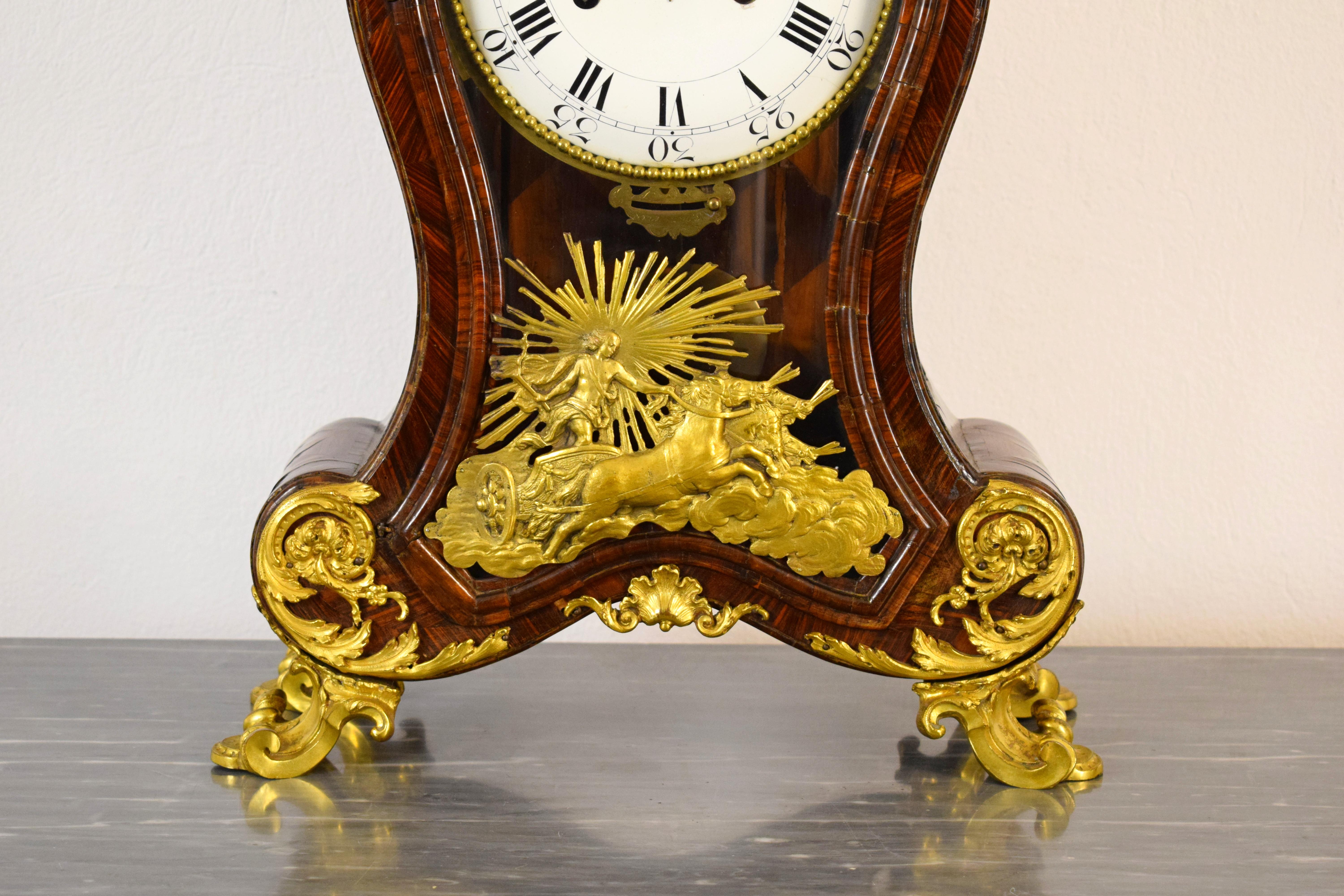 18th Century, Italian Wood Ringtone and Alarm Table Clock with Gilt Bronze For Sale 4