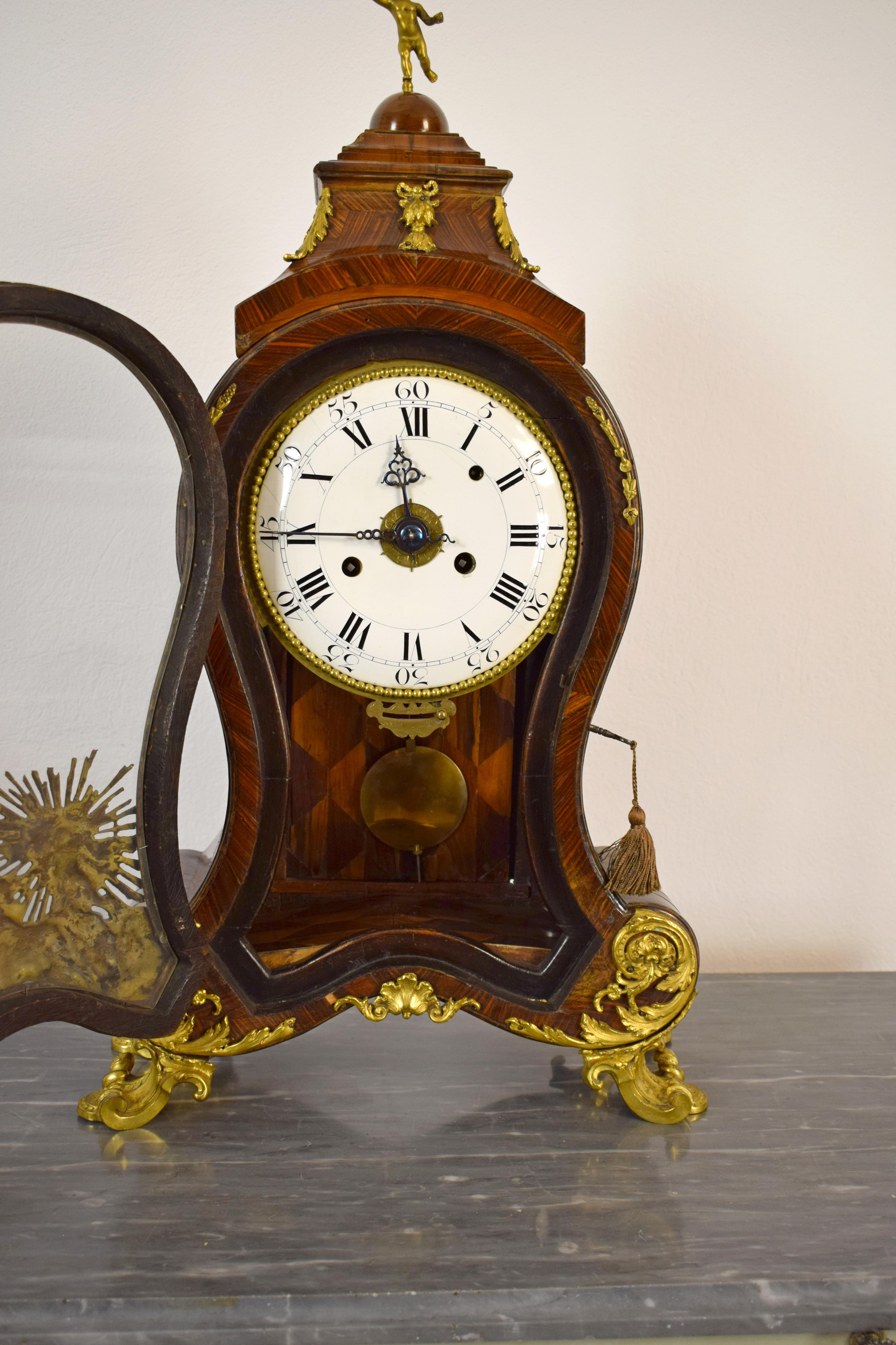 18th Century, Italian Wood Ringtone and Alarm Table Clock with Gilt Bronze For Sale 7