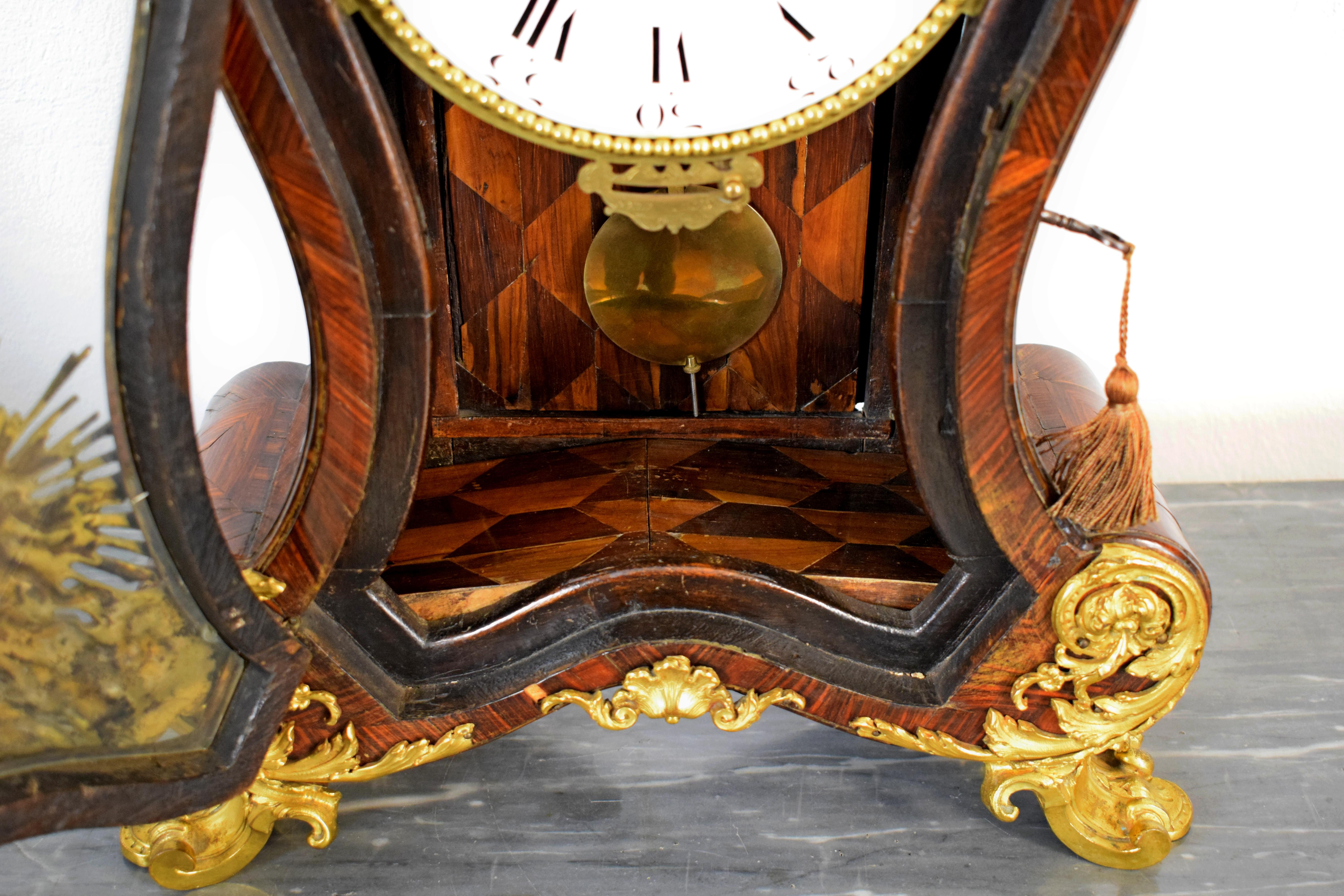 18th Century, Italian Wood Ringtone and Alarm Table Clock with Gilt Bronze For Sale 8