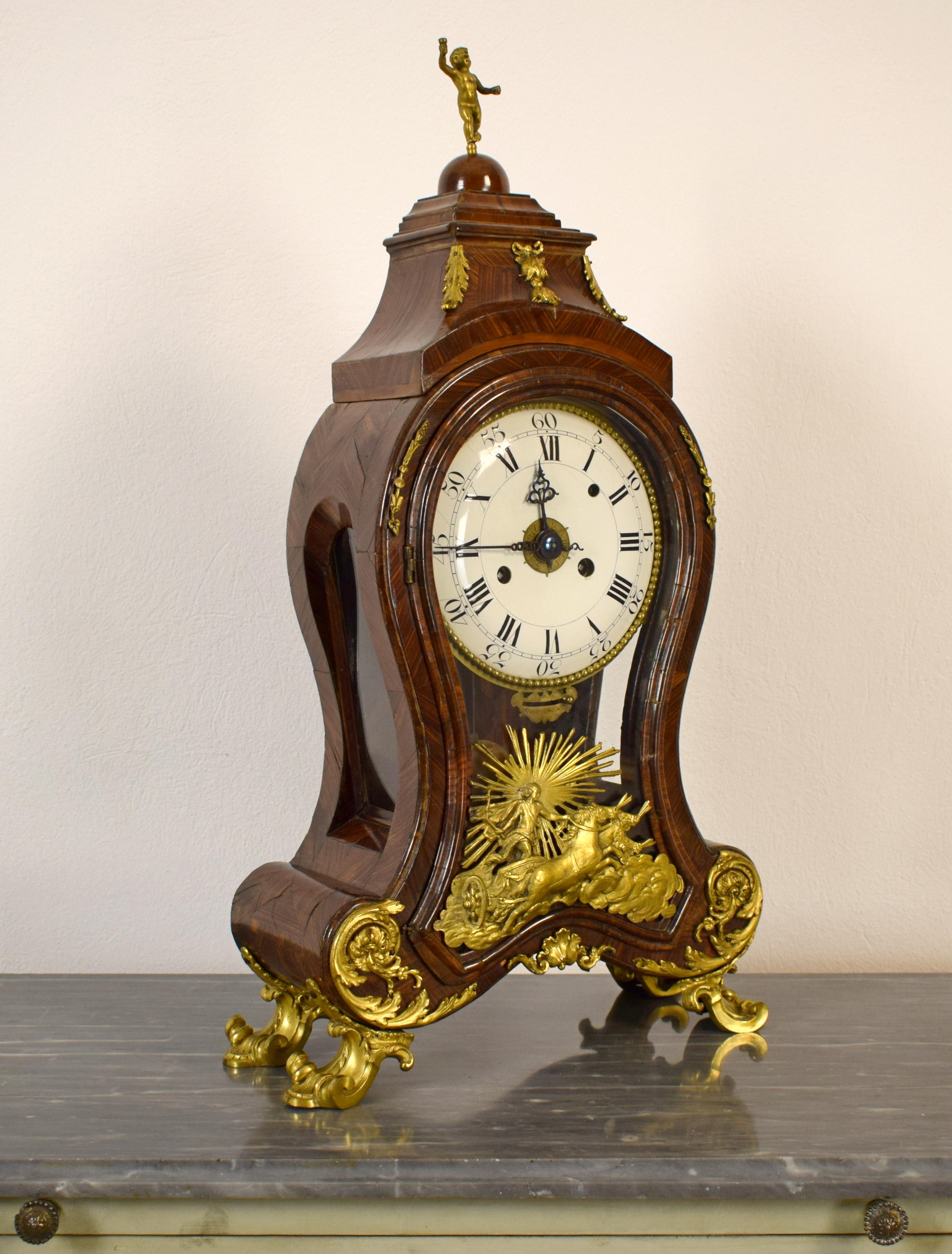 18th Century, Italian Wood Ringtone and Alarm Table Clock with Gilt Bronze For Sale 9